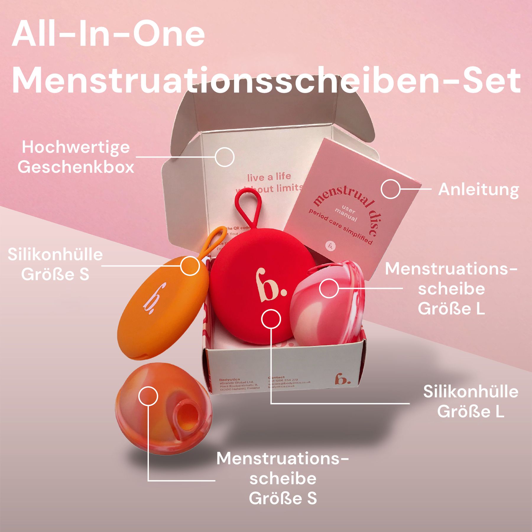 Bodyotics All-In-One Set mit Menstruationsscheiben, Silikonhüllen und Anleitung.