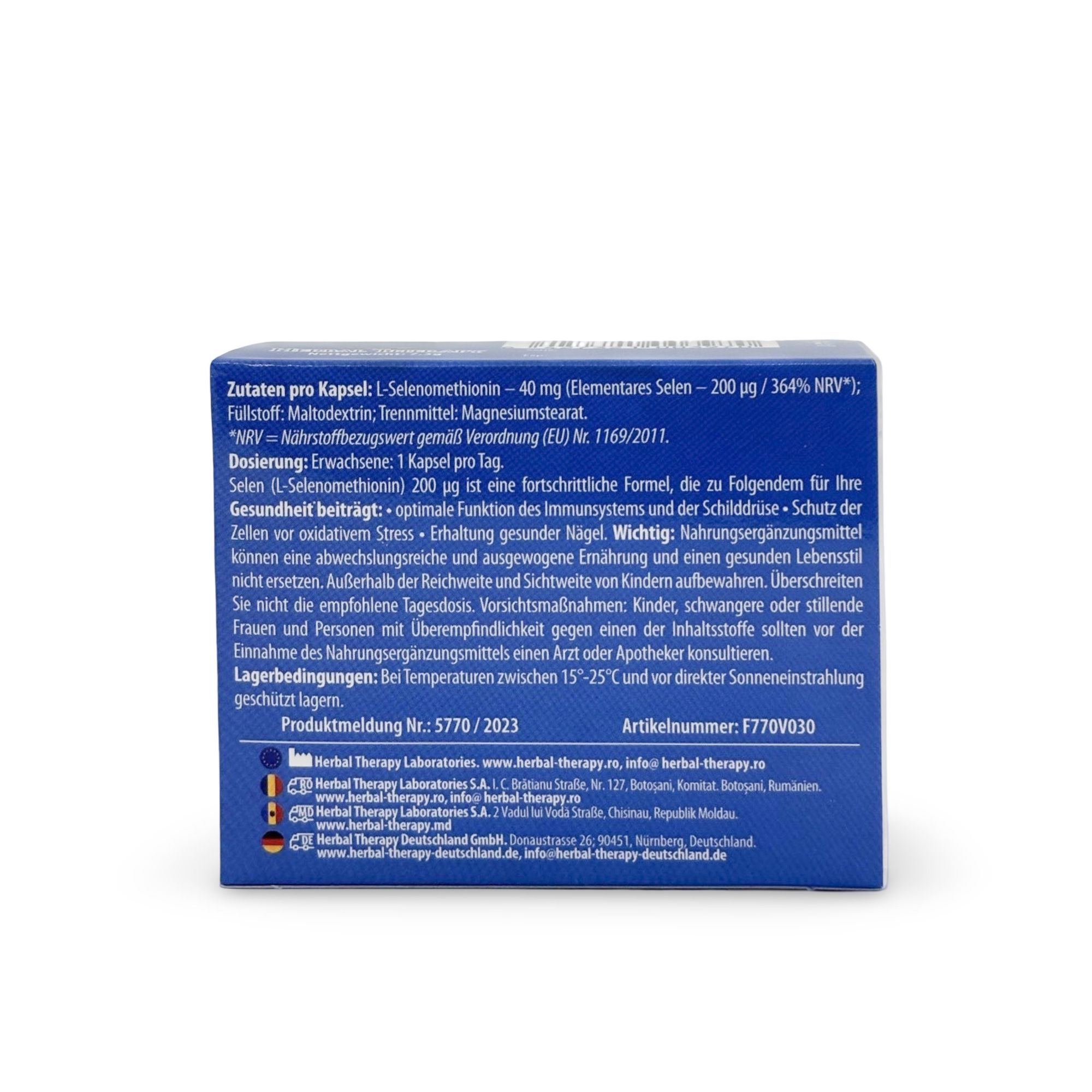 Blaue Schachtelrückseite mit Text. Enthält Informationen zu Inhaltsstoffen, Dosierung, Vorsichtsmaßnahmen und Lagerbedingungen. Marke: Herbal Therapy.