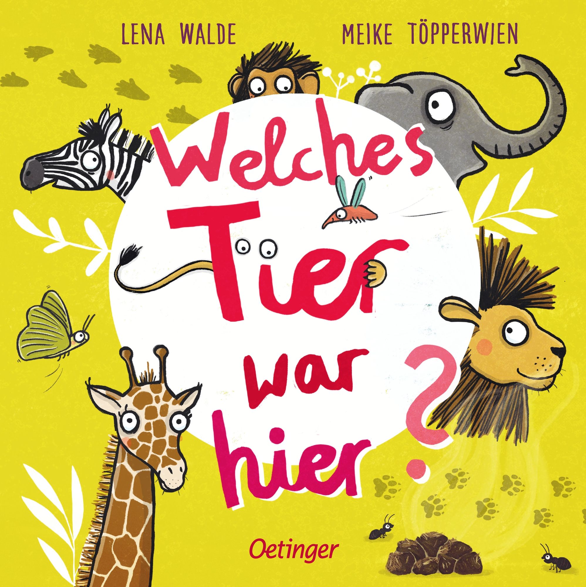 Buchcover mit Titel "Welches Tier war hier?". Illustrationen von Tieren auf gelbem Hintergrund. Autoren: Lena Walde, Meike Töpperwien.