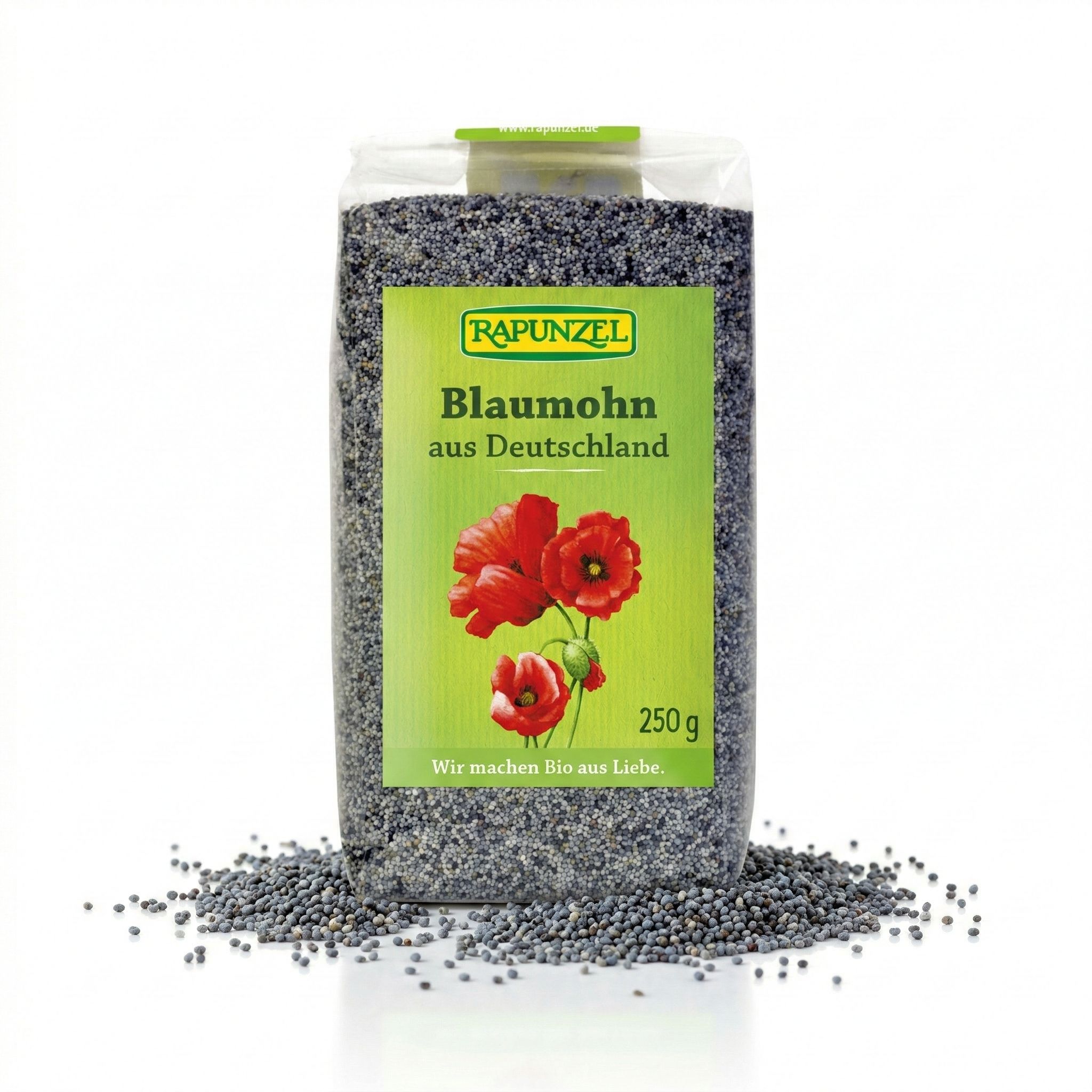Rapunzel Blaumohn aus Deutschland, 250g Packung mit Mohnblumen-Illustration.