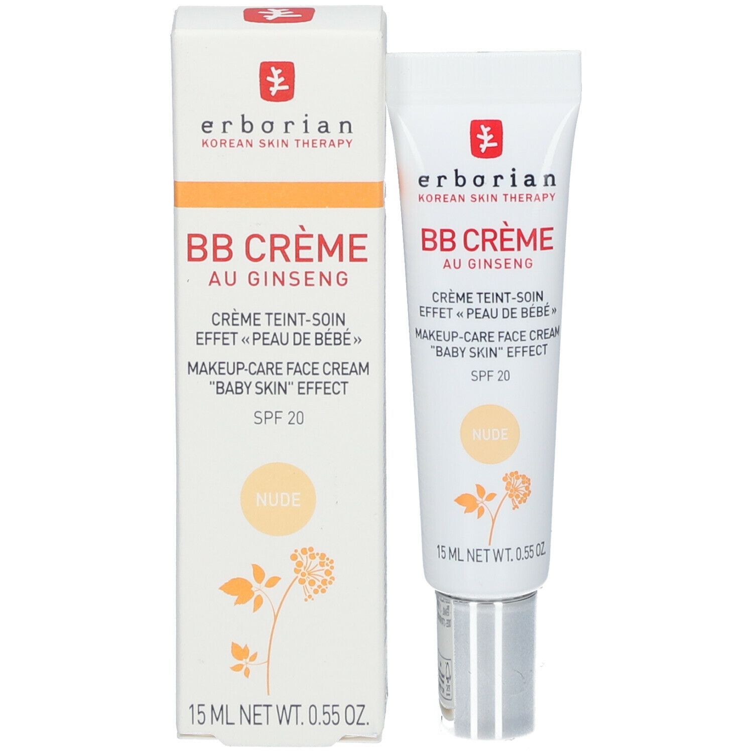 Emballage et tube de BB Crème. Inscription: BB Crème au Ginseng, SPF 20, Nude. Marque: Erborian.