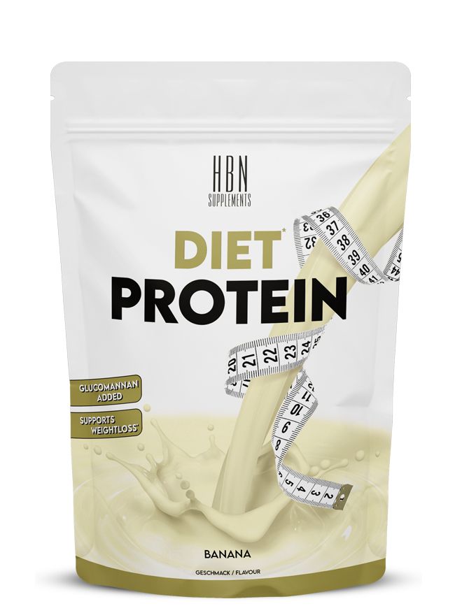 Weiße Standbeutel mit HBN Supplements Diet Protein. Gelber Aufdruck, Maßband und Flüssigkeit. Geschmack: Banane.