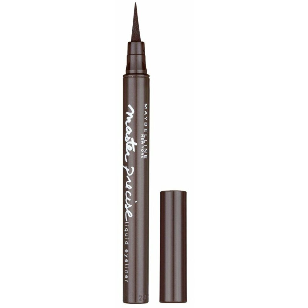 Flüssiger Eyeliner. Dunkelbrauner Stift mit schwarzer Spitze und separater Kappe. Schriftzug: Maybelline New York Master Precise liquid eyeliner.