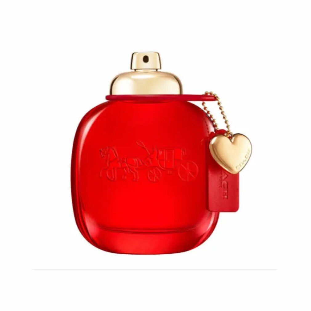 Rote Coach Love Eau de Parfum Flasche mit goldener Kappe und Anhänger.