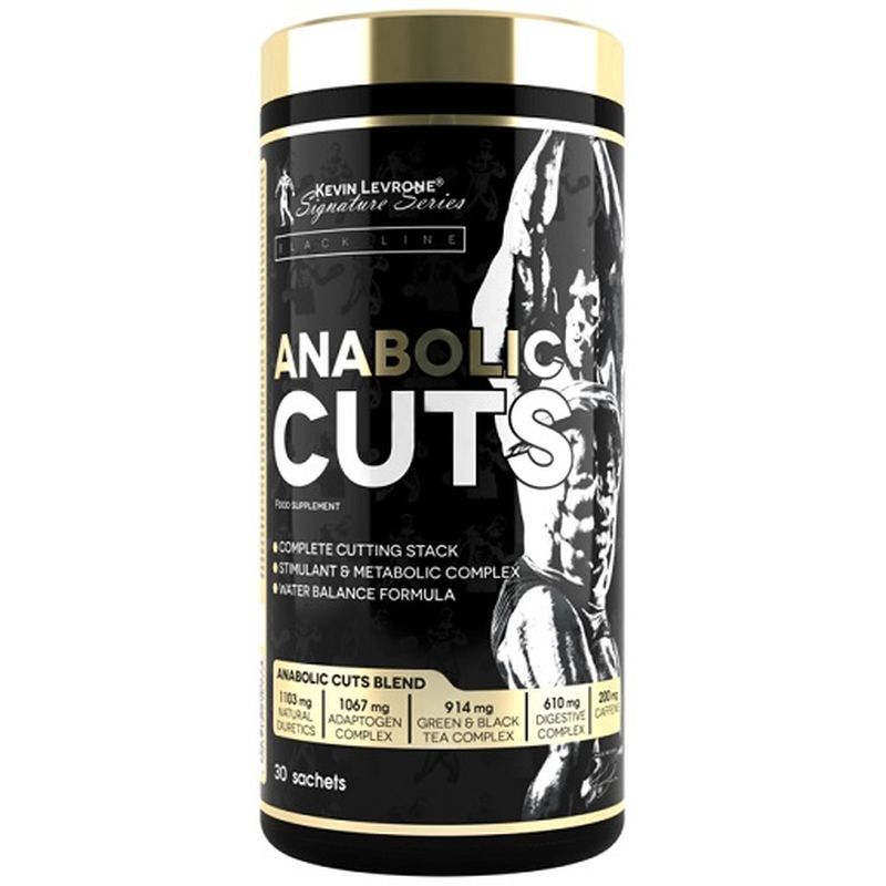 Schwarze Dose mit goldfarbenem Deckel. Aufschrift "ANABOLIC CUTS". Enthält 30 Sachets. Text: "COMPLETE CUTTING STACK".