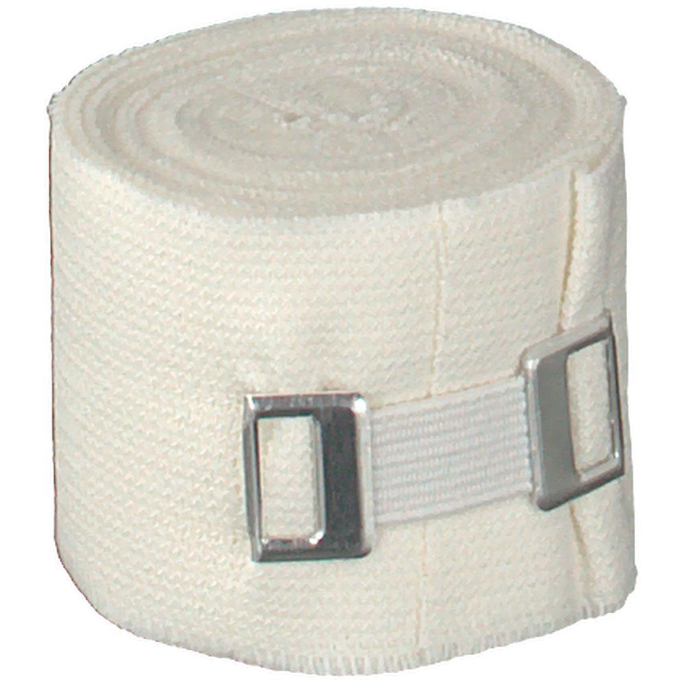 Elastische Bandage, gerollt. Mit zwei Metallklammern und einem elastischen Band zur Fixierung.