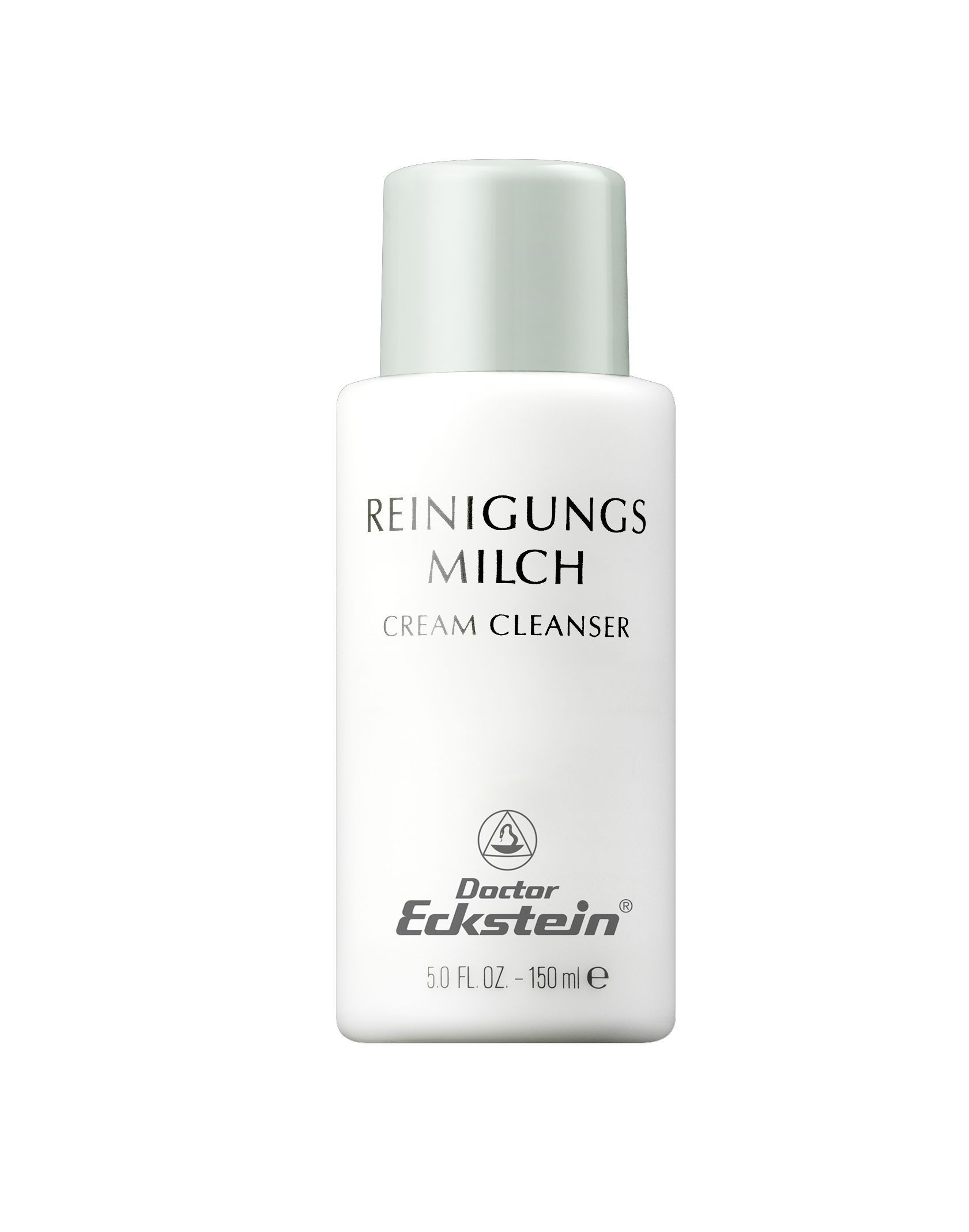 Weißes Fläschchen mit hellgrünem Deckel. Aufschrift: REINIGUNGSMILCH CREAM CLEANSER. Logo und Schriftzug Doctor Eckstein. Volumenangabe.
