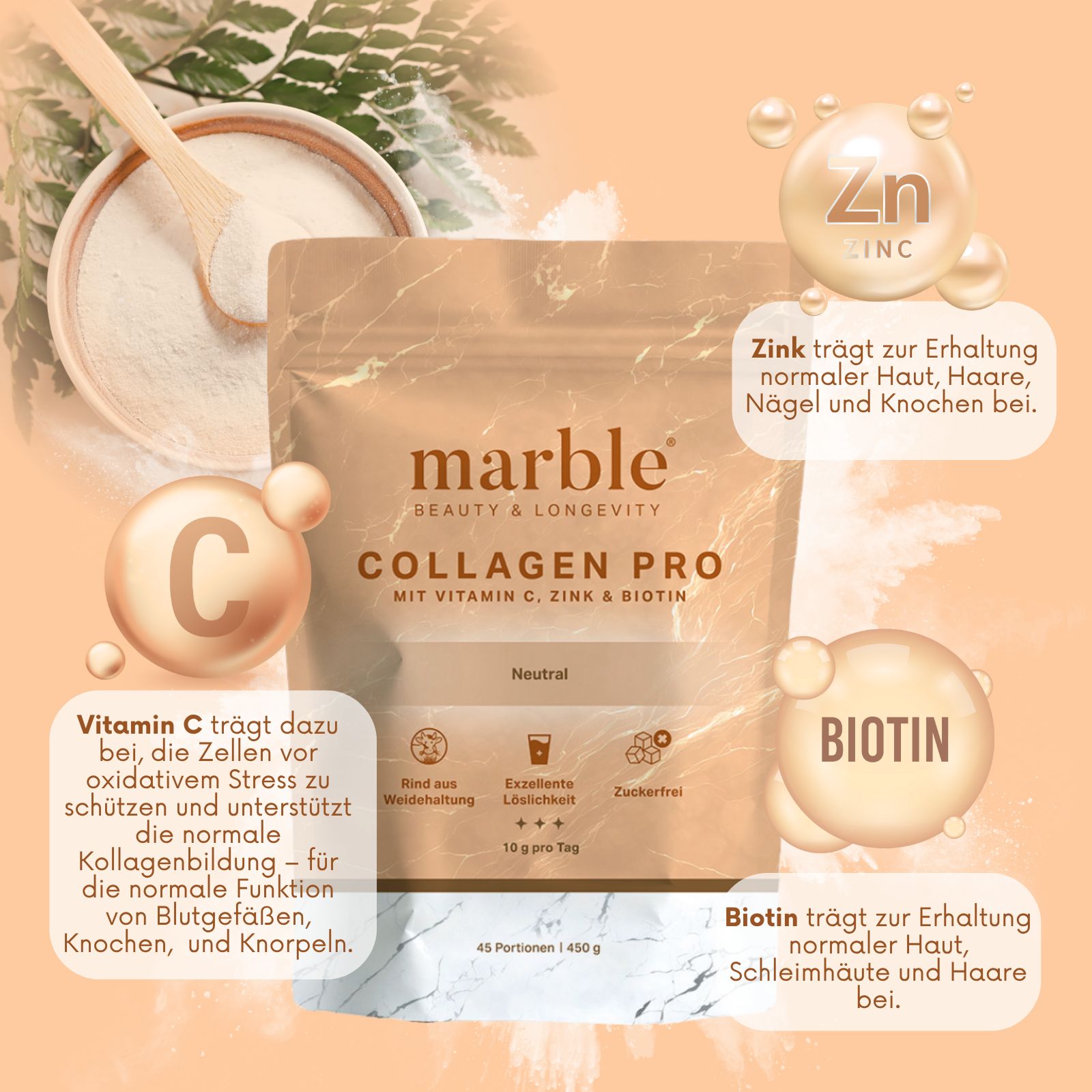 marble Collagen Pro Geschmacksneutral 450g – Reines Weidekollagen mit Vitamin C, Zink & Biotin