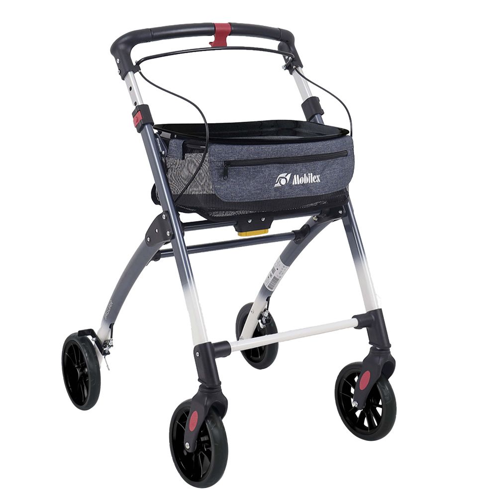 Grauer Rollator mit Stofftasche und vier Rädern.