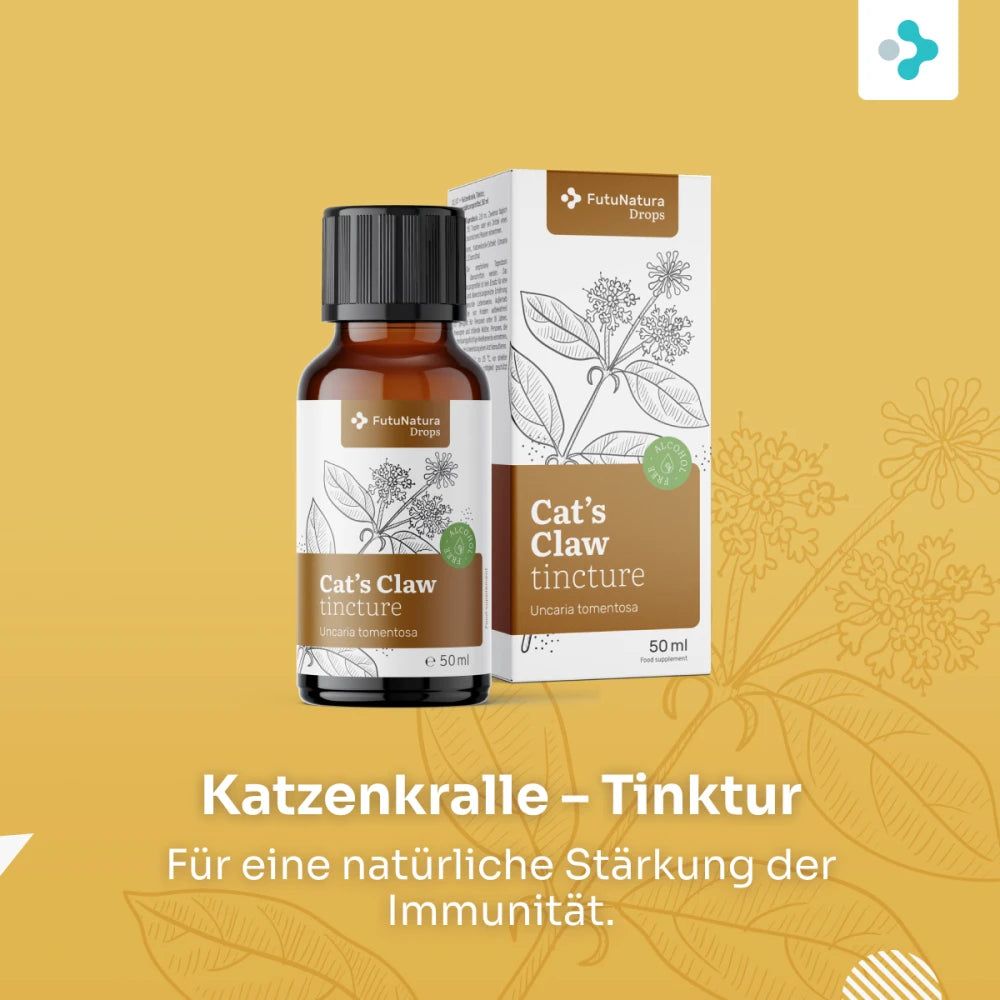 Braune Glasflasche mit schwarzem Tropferdeckel und Kartonverpackung für Katzenkralle-Tinktur, 50ml.