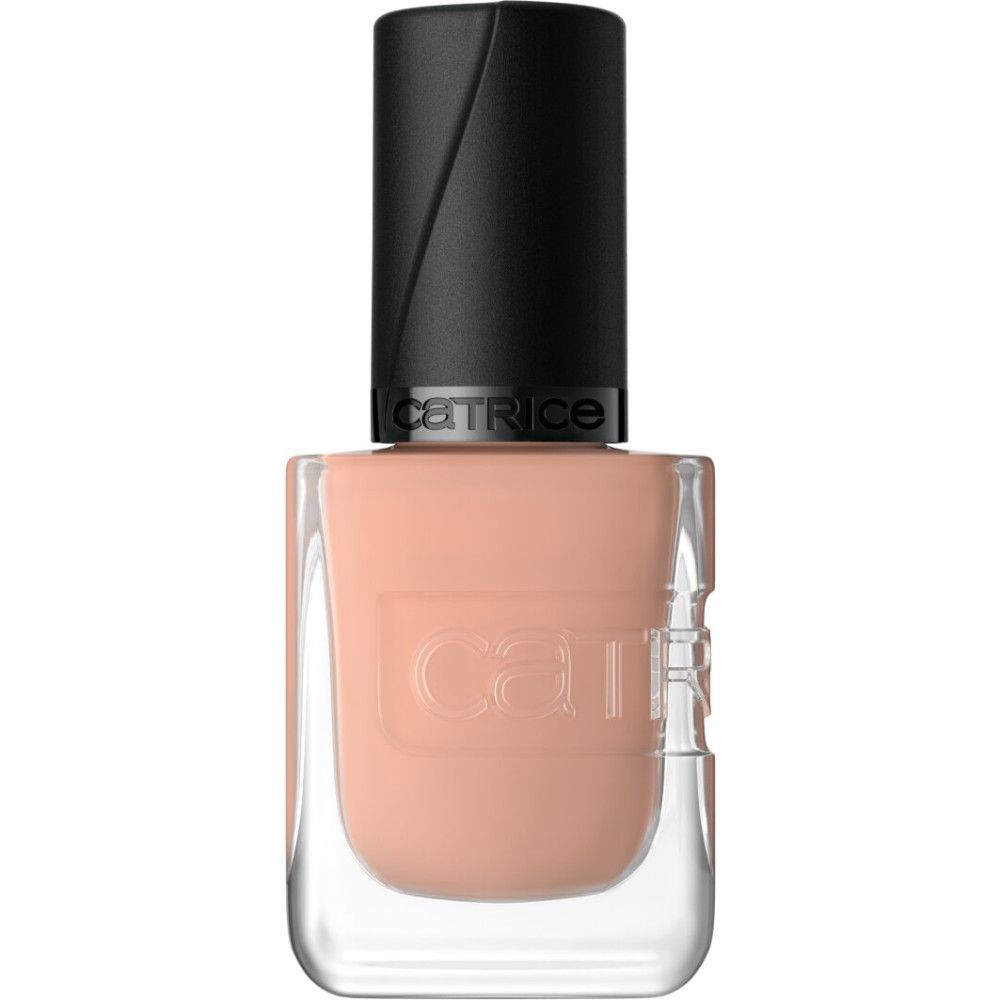 Catrice Nagellackflasche in zartem Pfirsichton mit schwarzem Deckel.