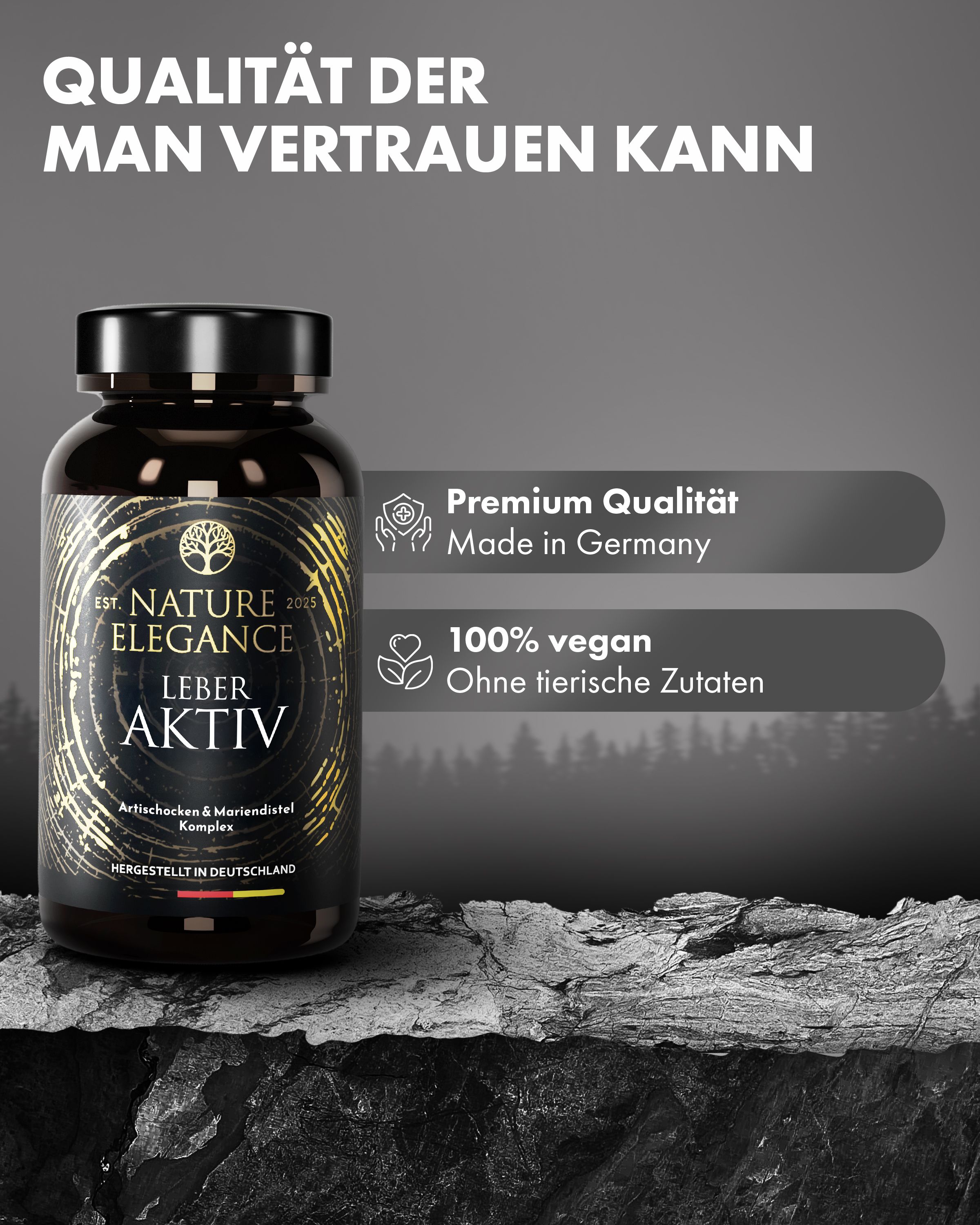 Flasche. Aufschrift: NATURE ELEGANCE LEBER AKTIV. Premium Qualität. Made in Germany. 100% vegan. Ohne tierische Zutaten. Steiniger Hintergrund.