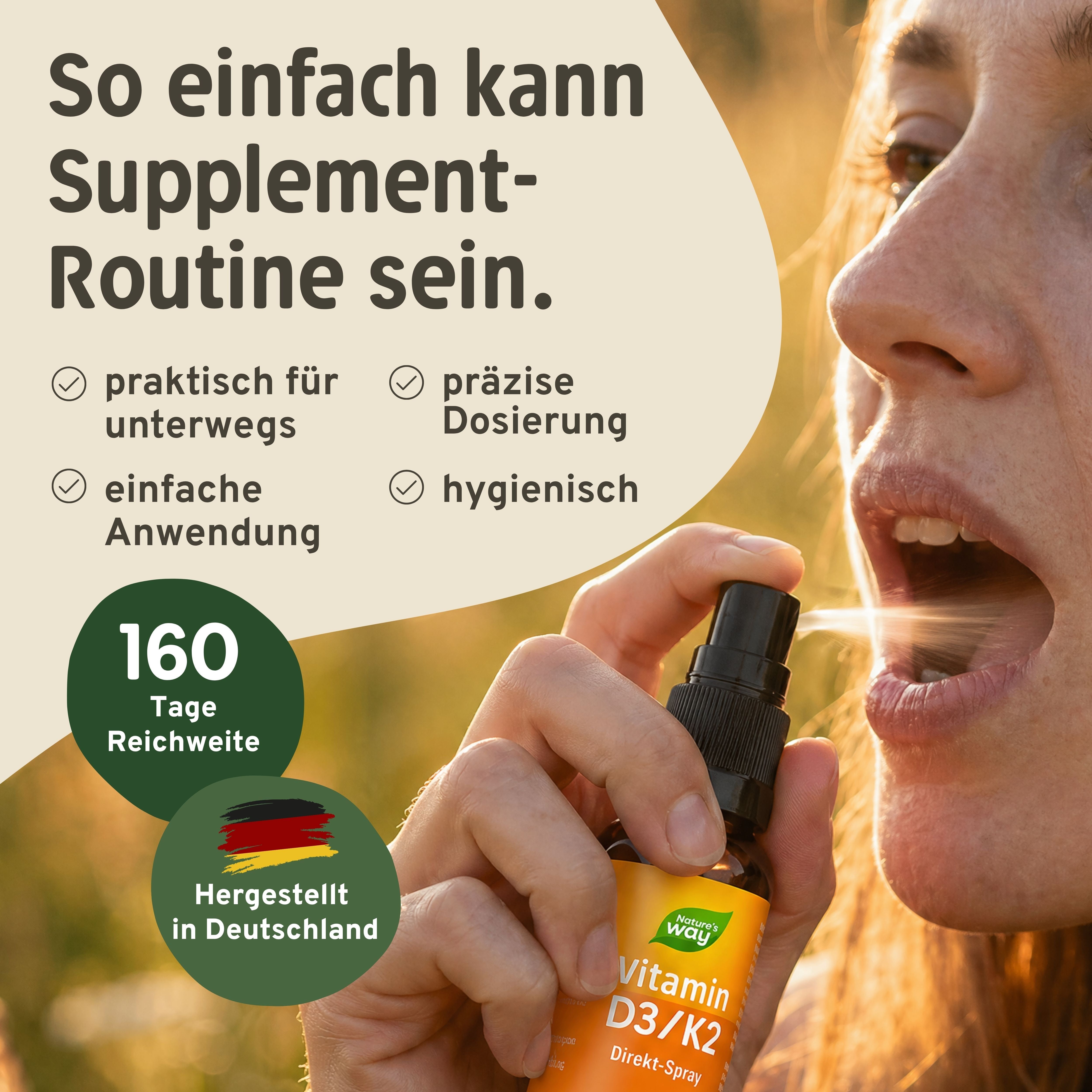 Anwendung des Vitamin D3/K2 Direkt-Sprays, mit Icons für einfache Anwendung und Herkunft Deutschland.