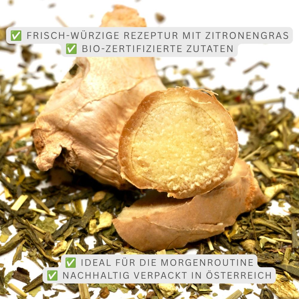 Trockener Kräutertee mit Ingwer und getrockneten Zitronengrasstücken. Bio-zertifizierte Zutaten.