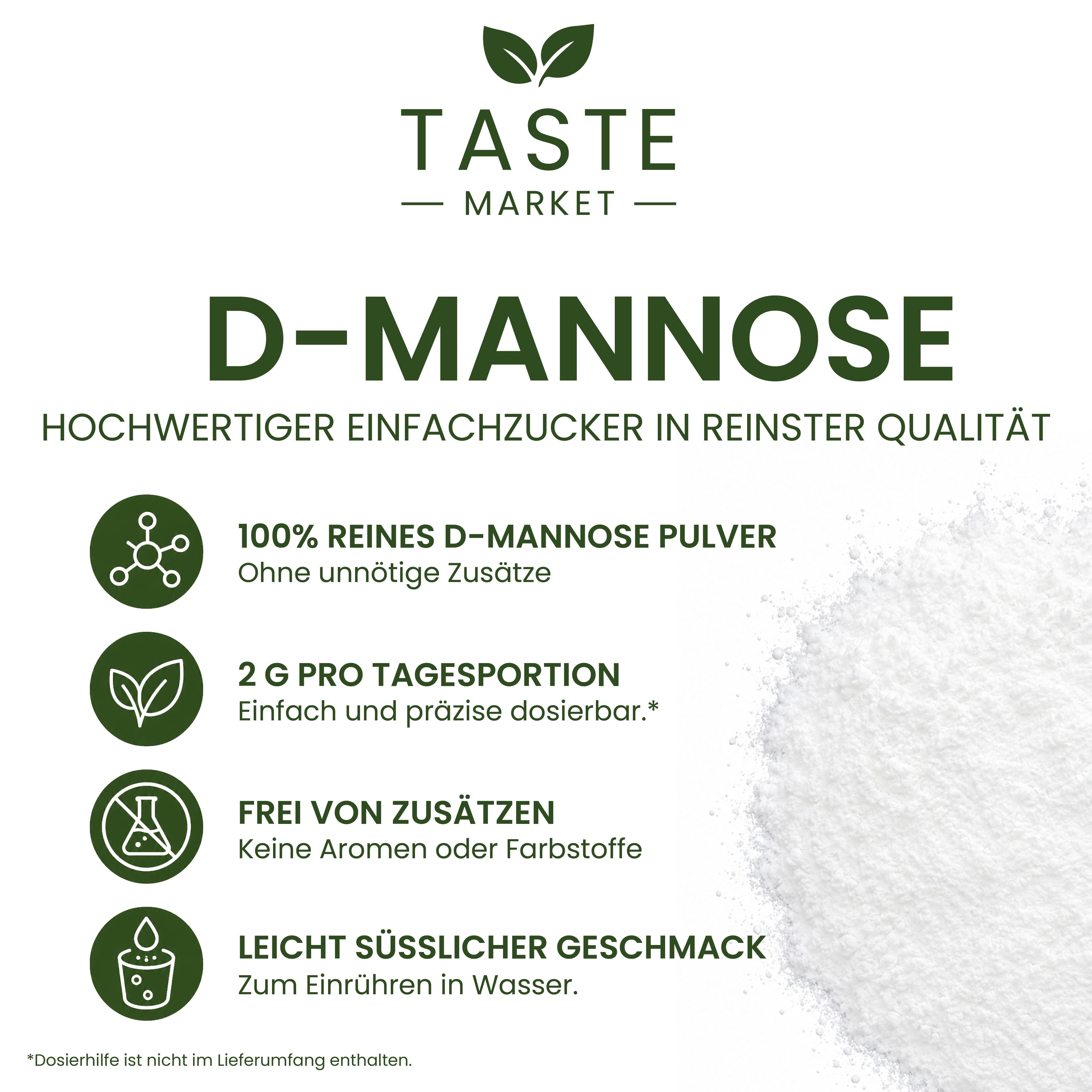 Verpackungsinformationen für D-Mannose Pulver mit Icons für Reinheit und Dosierung.