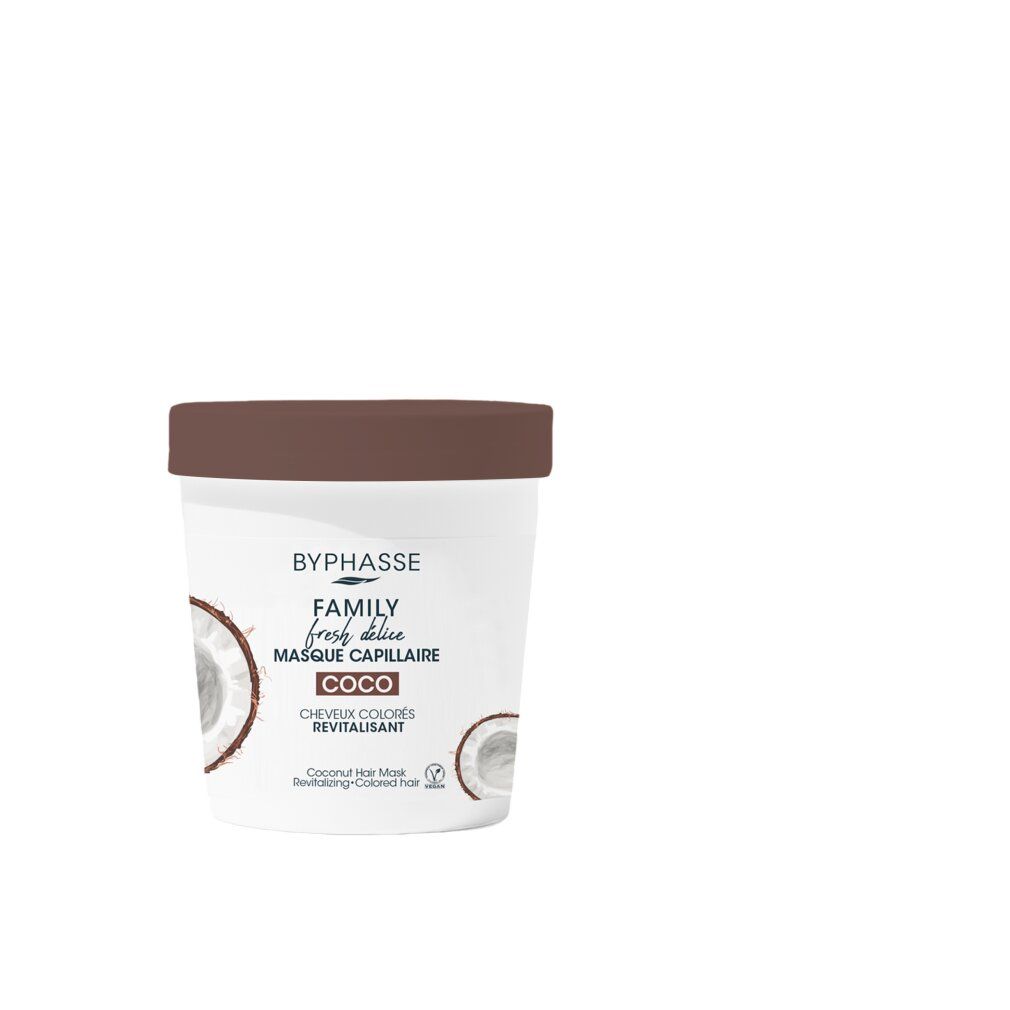 Byphasse Masque Capillaire, weiße Dose, brauner Deckel, Kokos-Design.