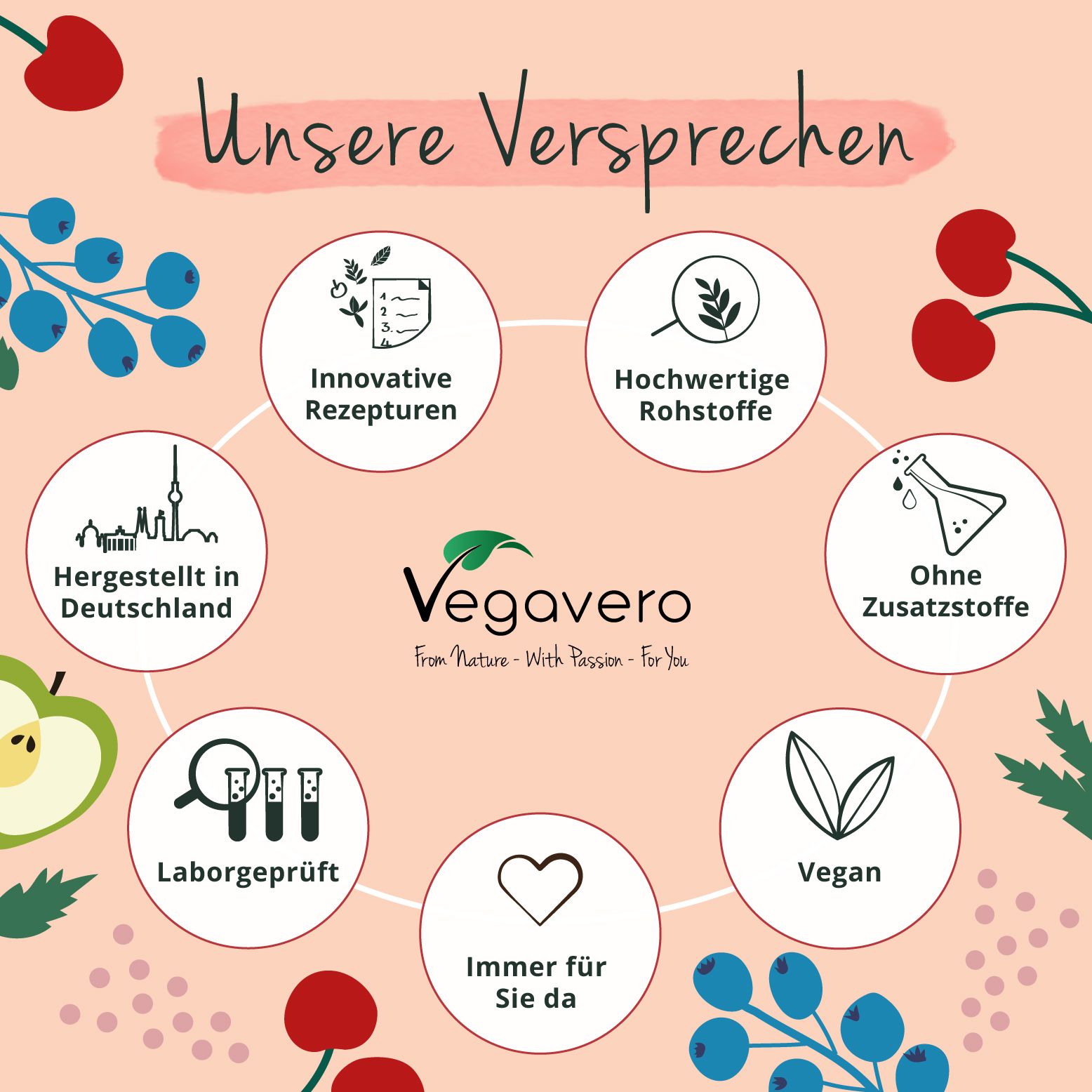 Kreisförmige Darstellung mit Icons und Text. Marke: Vegavero. Themen: Rezepturen, Rohstoffe, ohne Zusätze, vegan, Laborgeprüft.