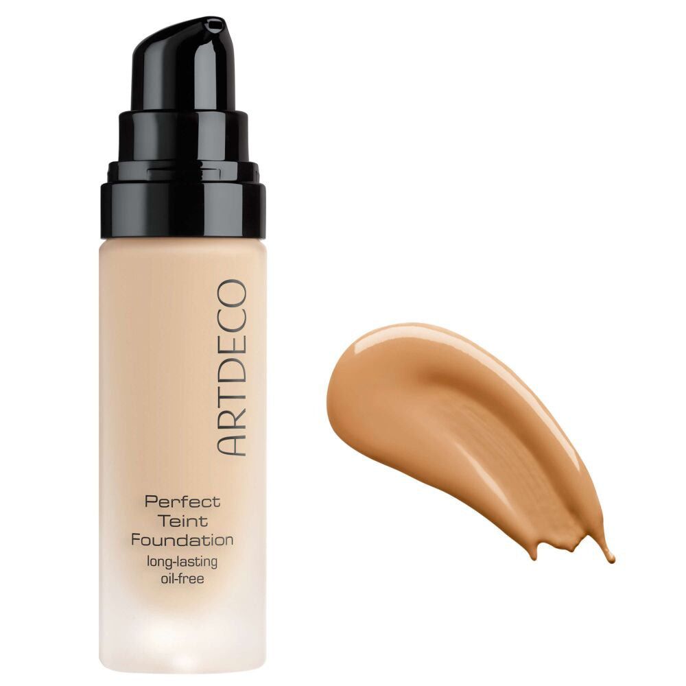 Artdeco Perfect Teint Foundation Flasche mit schwarzem Pumpverschluss und Farbmuster. Aufschrift: Perfect Teint Foundation, long-lasting oil-free.