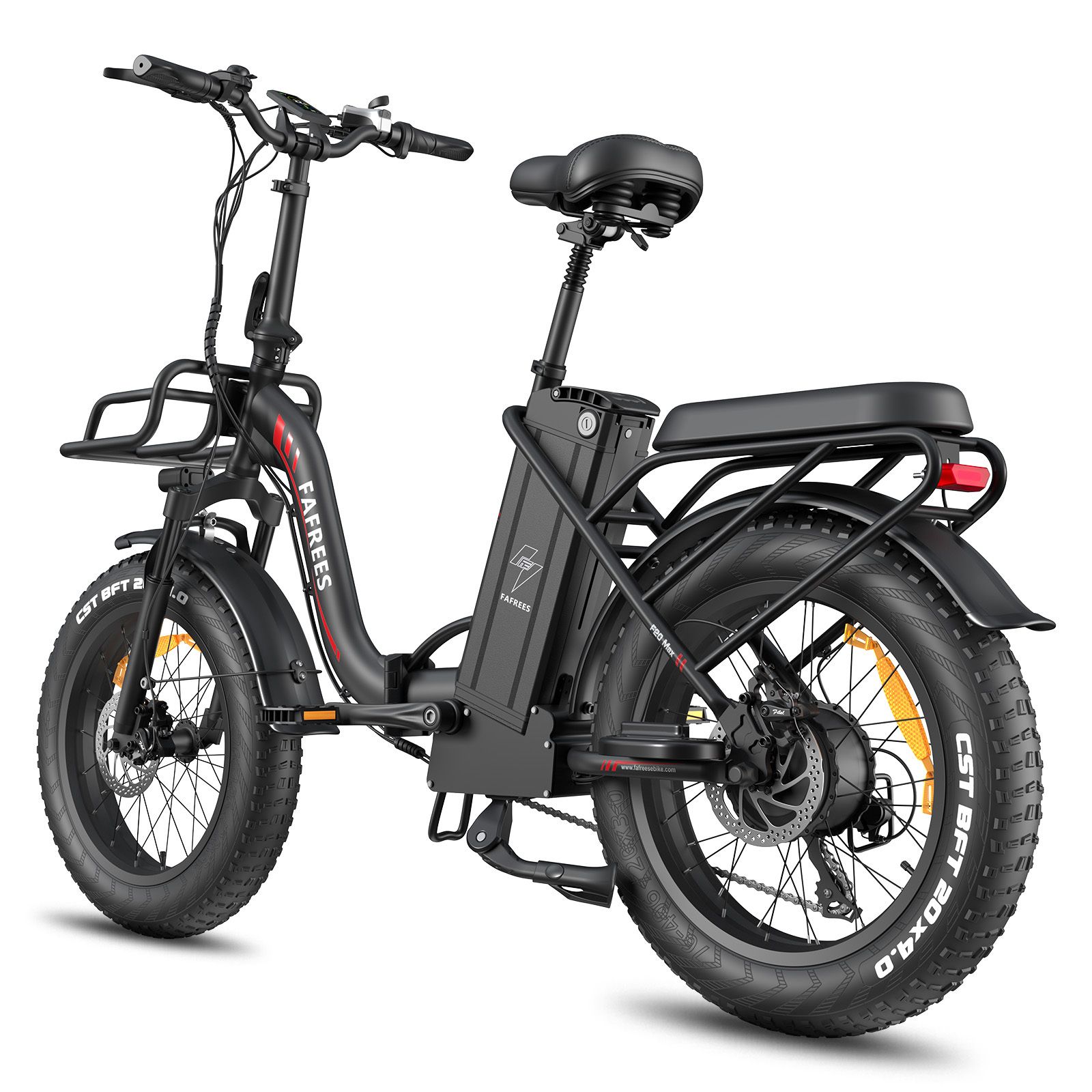 Schwarzes Falt-E-Bike mit breiten Reifen, Gepäckträger und Korb. Marke FAFREES.
