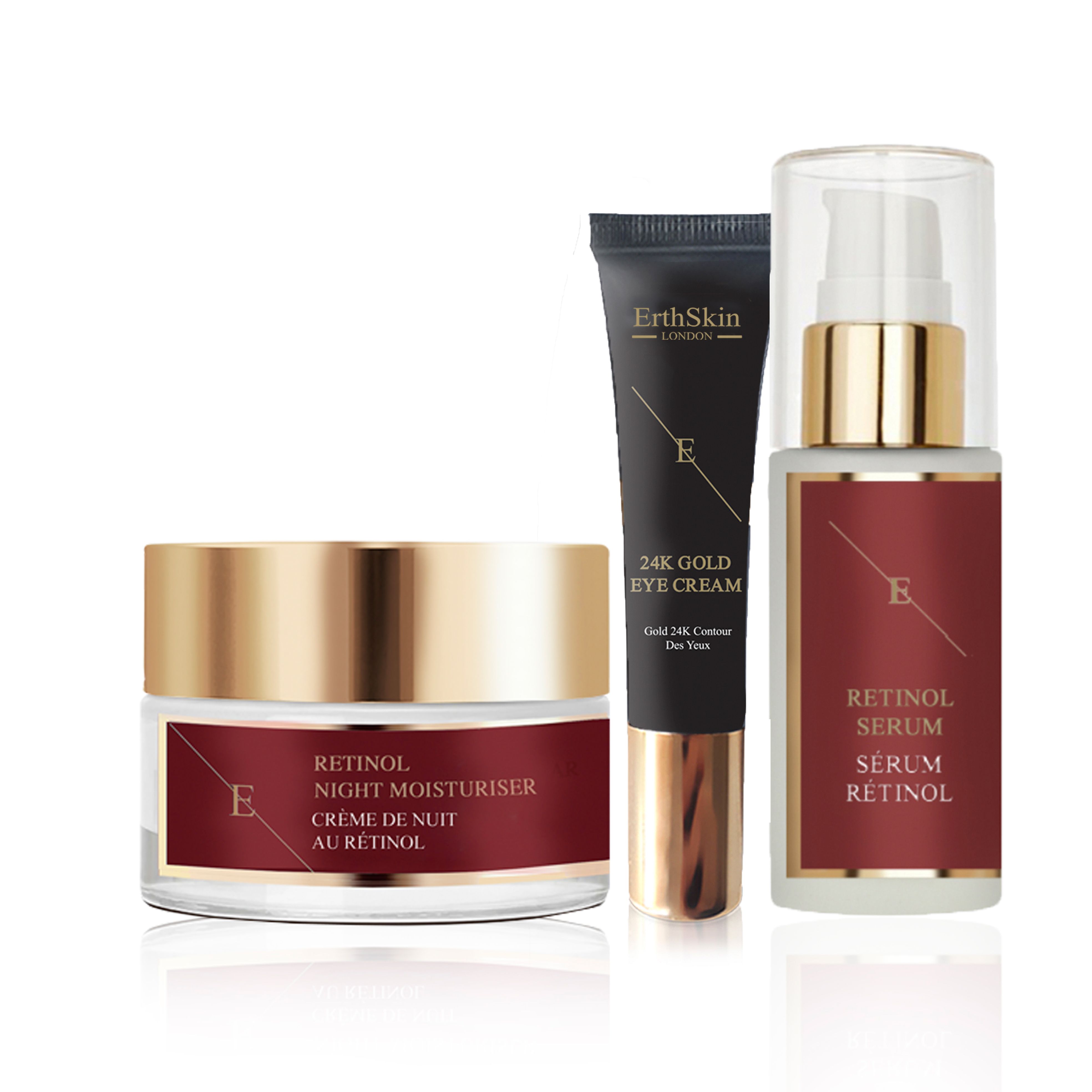 Set di prodotti per la cura della pelle: crema notte, crema occhi e siero. Etichette bordeaux con testo. Tappi e dispenser dorati.