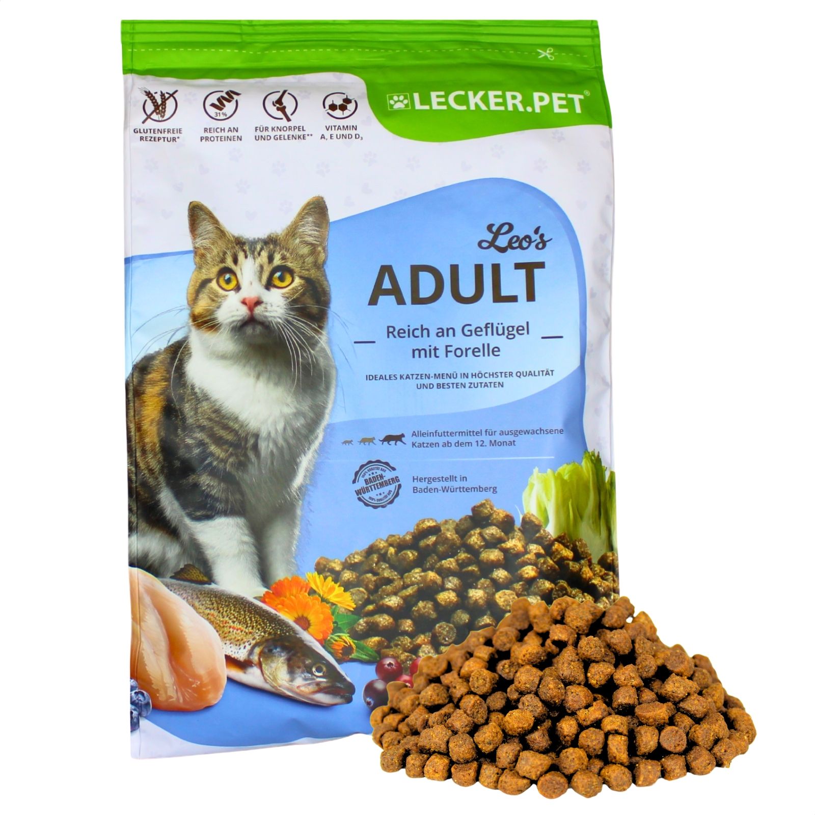 Lecker.Pet® Leo's Adult Geflügel & Forelle Katzenfutter Trockenfutter Vollnahrung 2,5 kg Nicht relevant