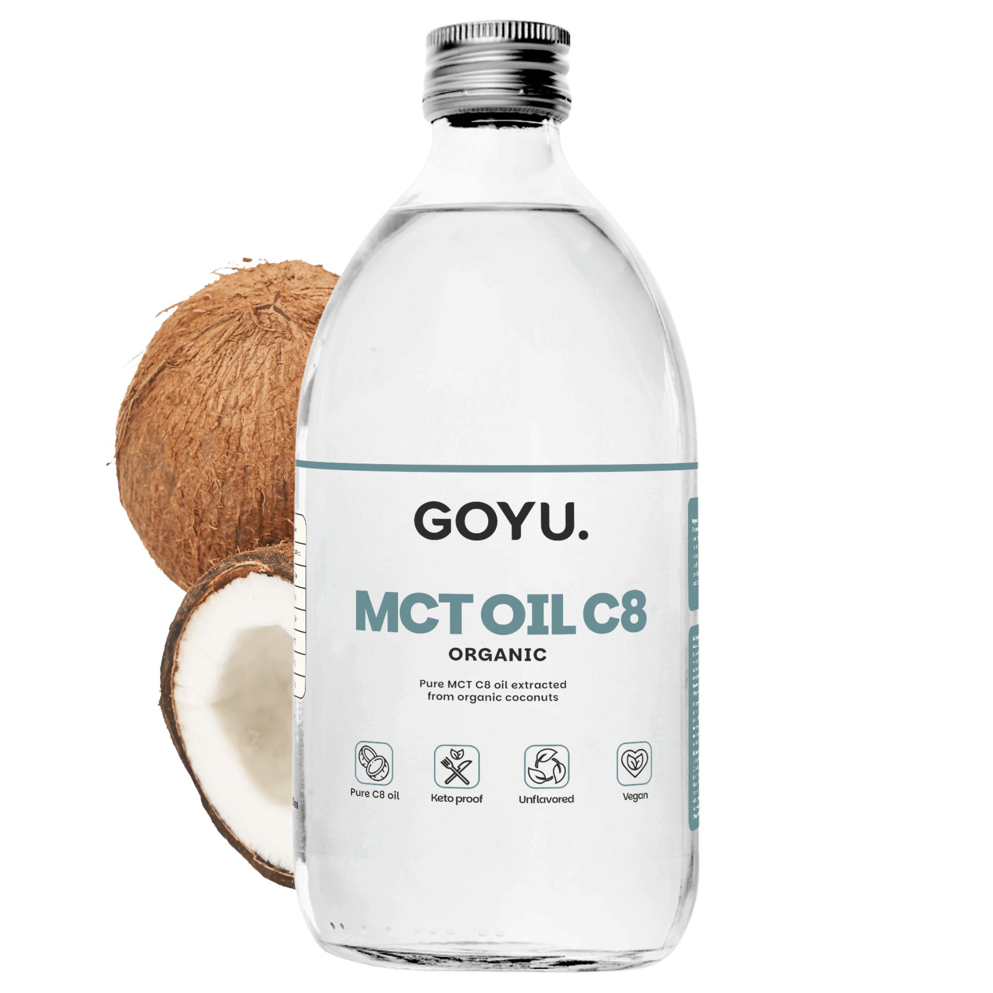 GOYU MCT Oil C8. Glasflasche mit Öl, Kokosnuss daneben. Vegan, ohne Zusatzstoffe, geschmacksneutral.