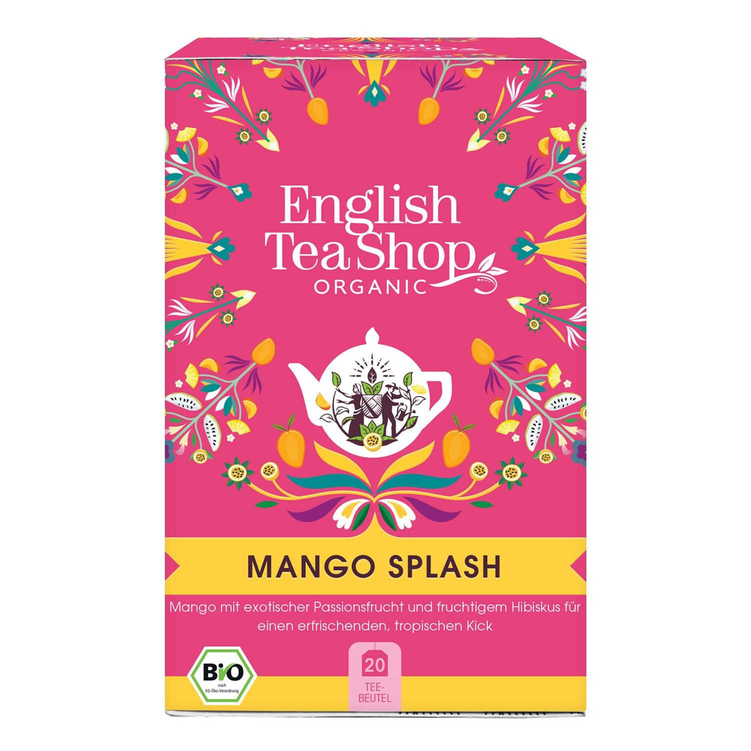 Rosa Verpackung mit Logo und Schriftzug "English Tea Shop ORGANIC". Aufschrift "Mango Splash". Bio-Siegel. 20 Teebeutel.