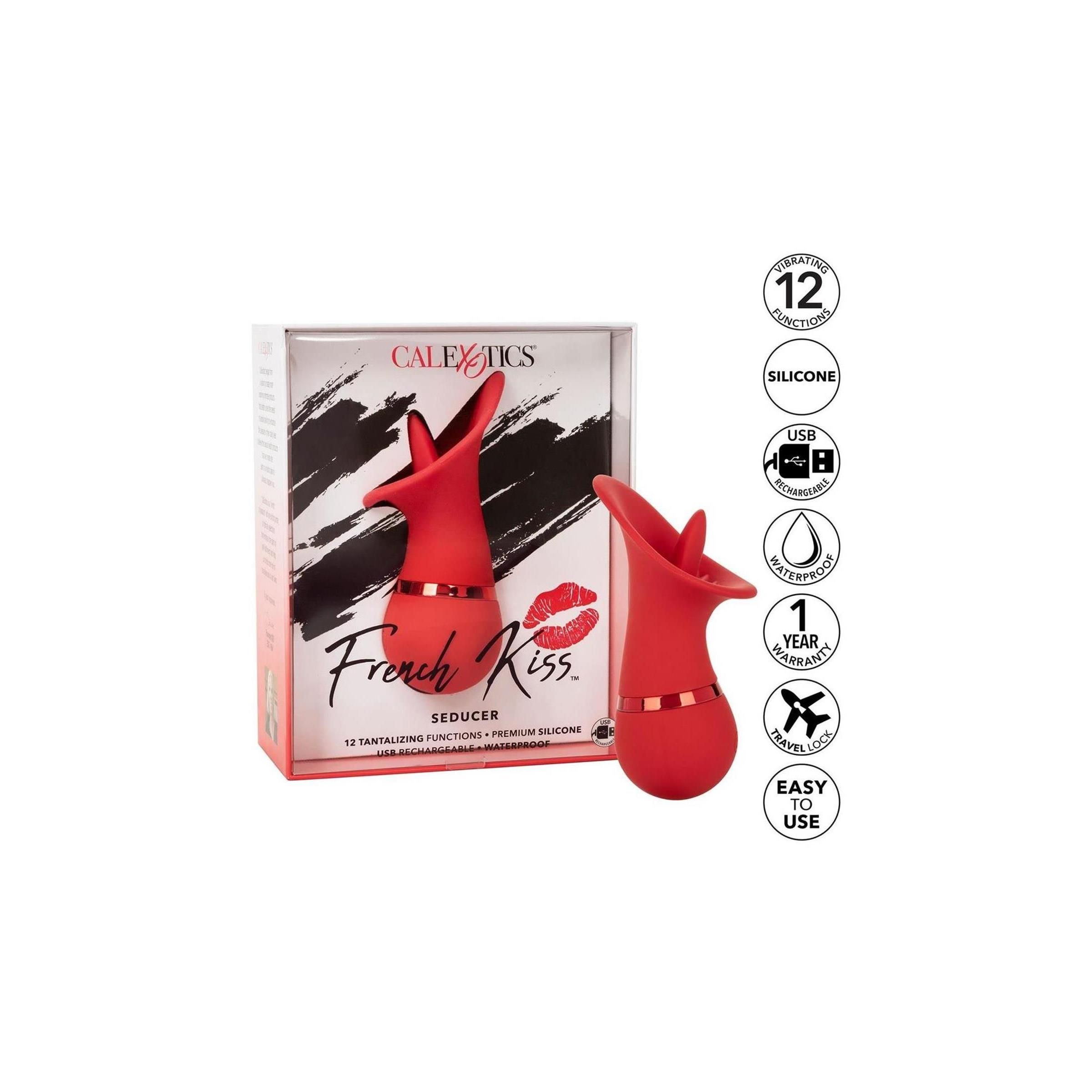 Zwei rote Seducer-Produkte mit Verpackung. Marke CalExotics. Produktname und Lippen-Grafik. 12 Funktionen, Premium-Silikon, USB-aufladbar, wasserdicht.