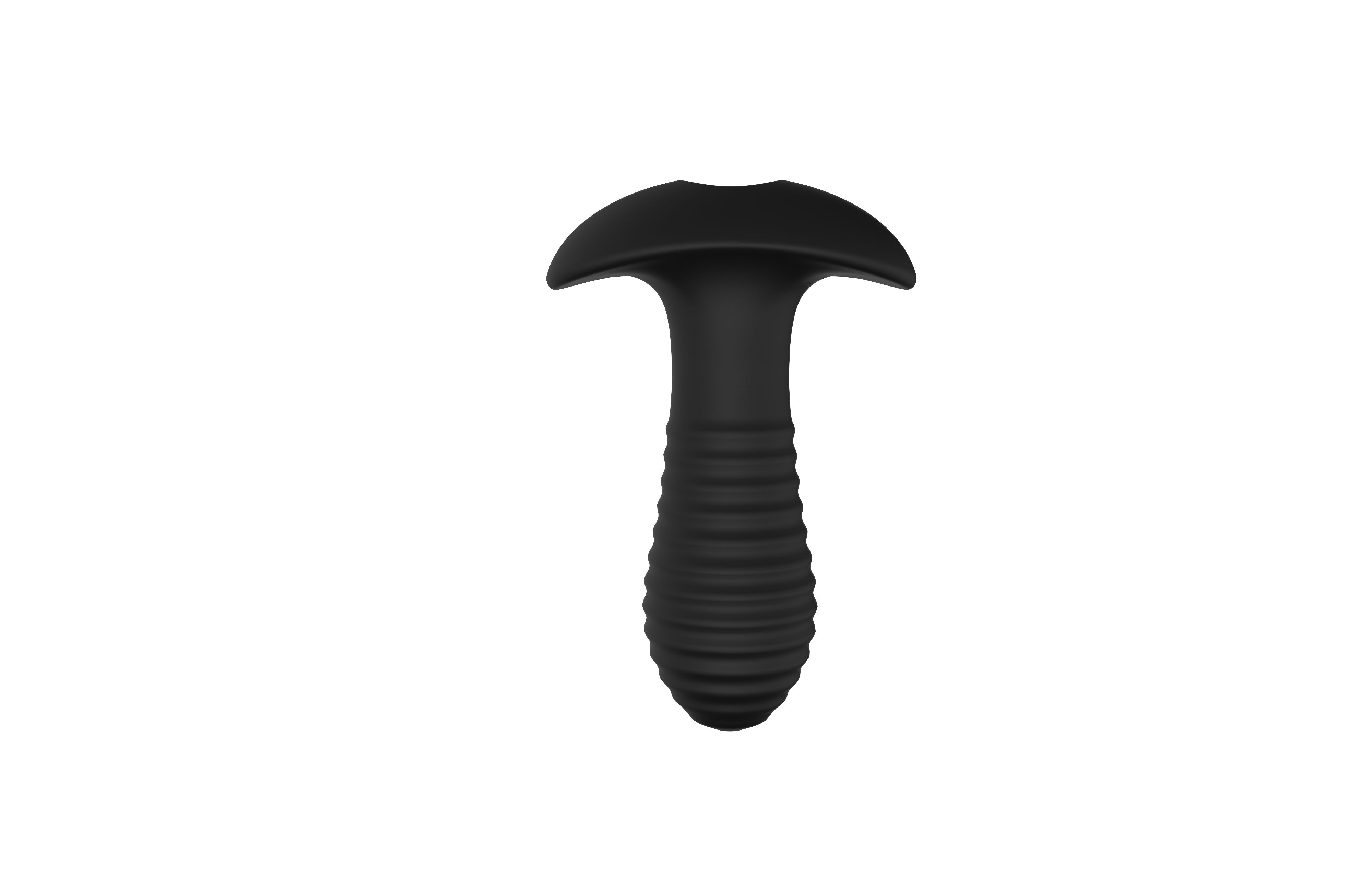 Schwarzer Analvibrator mit geriffelter Oberfläche und pilzförmigem Kopf. Auf weißem Hintergrund.