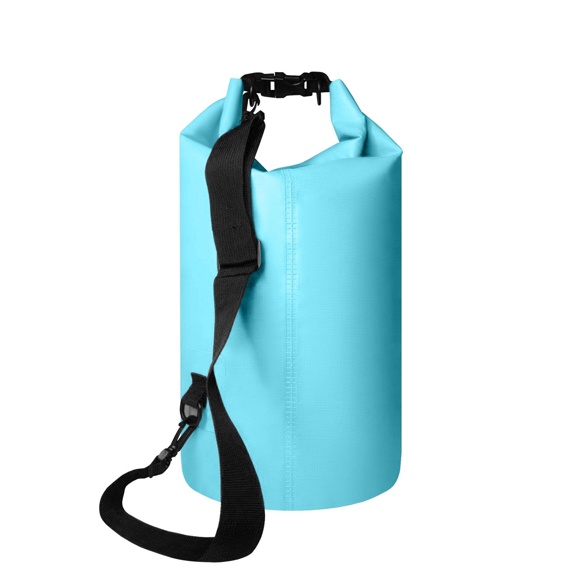 Hellblauer Packsack mit schwarzem Schultergurt und Schnallenverschluss.