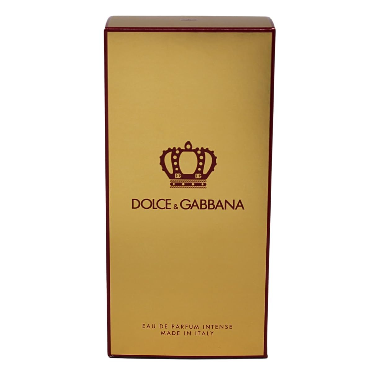 Goldfarbene Verpackung mit braunem Kronenlogo und Schriftzug DOLCE & GABBANA. Aufschrift: Eau de Parfum Intense, Made in Italy.