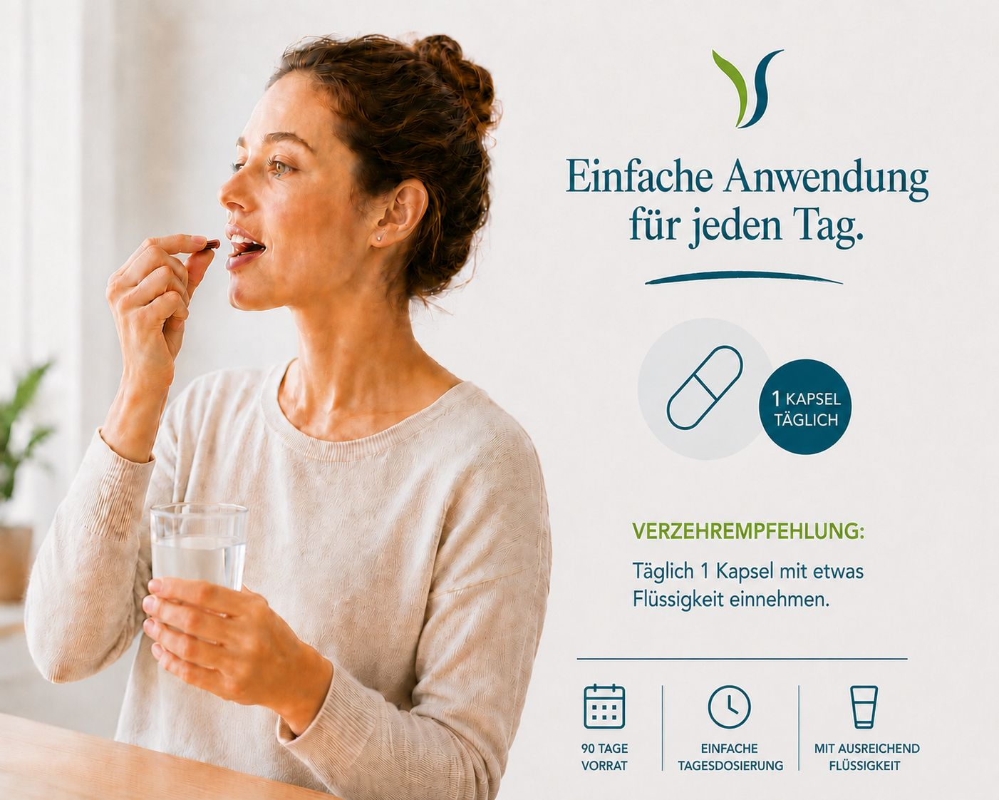 Frau nimmt eine Kapsel mit einem Glas Wasser ein.