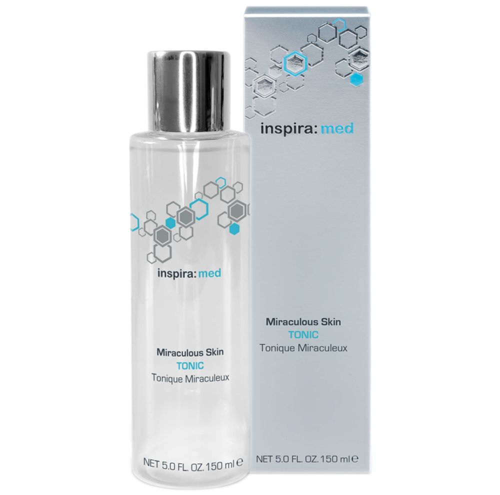 Klare Flasche mit silbernem Deckel und Karton. Aufschrift: inspira:med, Miraculous Skin Tonic. 150 ml.
