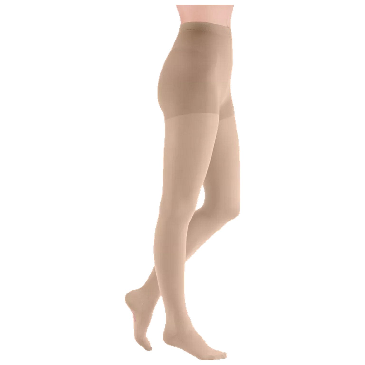 Hautfarbene Kompressionsstrumpfhose. Blick von der Seite, die Strumpfhose bedeckt die Beine bis zu den Füßen.