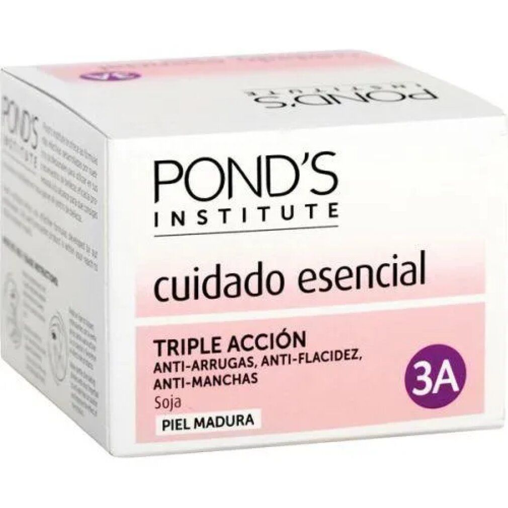 Pond's Institute Verpackung. Aufschrift: cuidado esencial, triple acción, anti-arrugas, anti-flacidez, anti-manchas, piel madura. Lila Akzent.