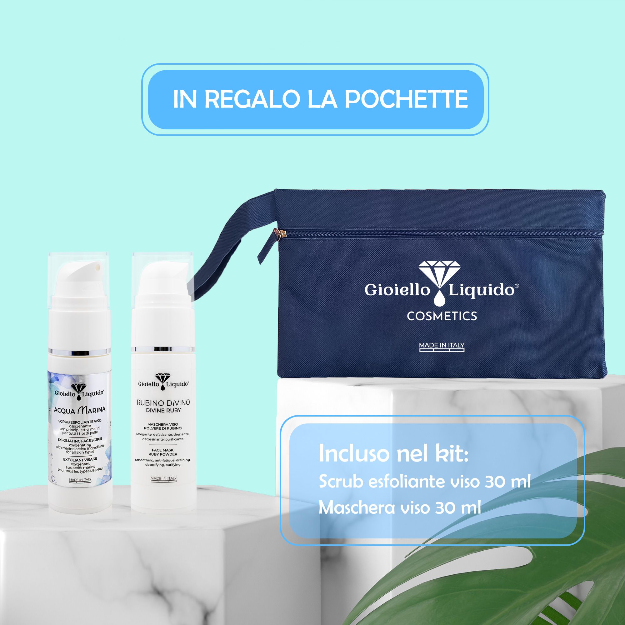 Maschera e scrub viso in flaconi bianchi, pochette blu. Testo: Gioiello Liquido Cosmetics. In regalo la pochette.