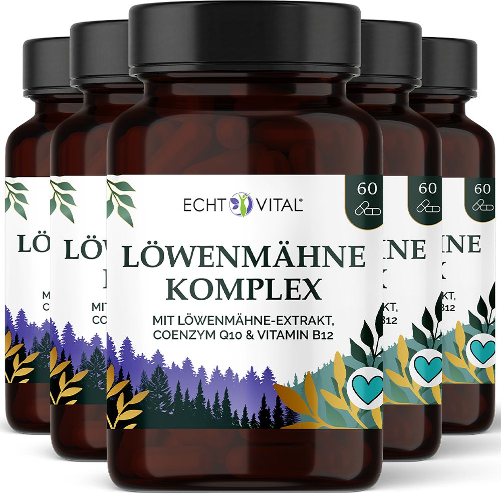 Flaschen mit Echt Vital Löwenmähne Komplex, Coenzym Q10 und Vitamin B12. Dunkle Braunglasbehälter mit weißen Etiketten und schwarzen Kappen.