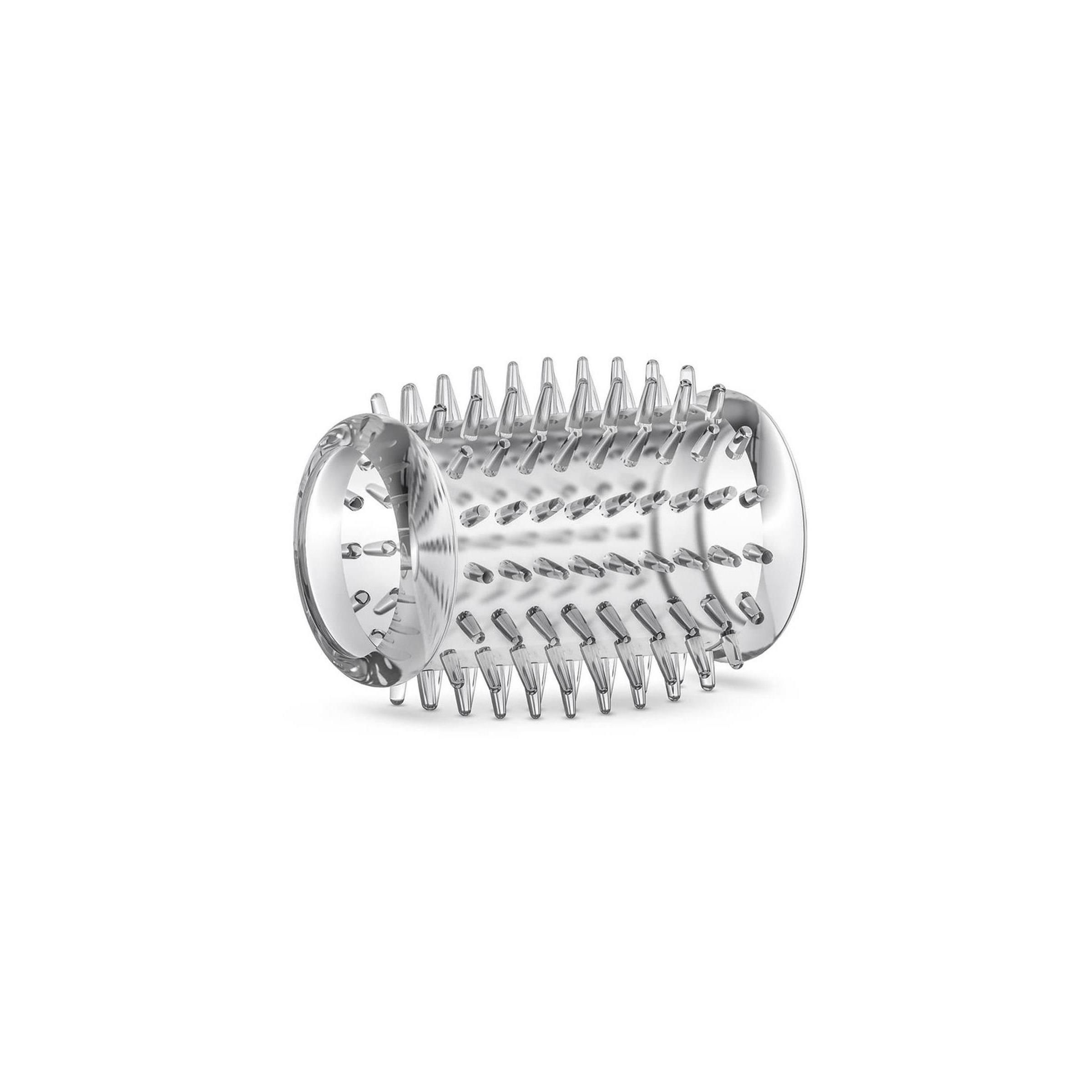 Klarer, zylindrischer Sleeve mit erhabenen Noppen. Material: transparentes Silikon.