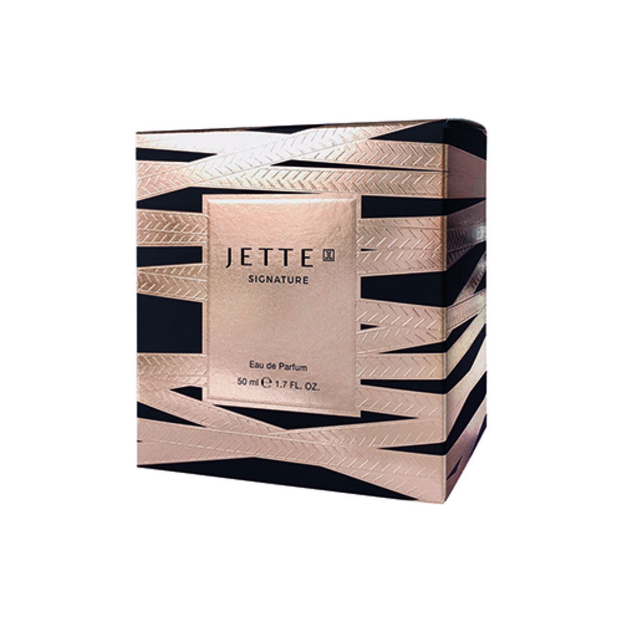 Verpackung mit roségoldfarbenen Streifen und Aufschrift: Jette Signature, Eau de Parfum.