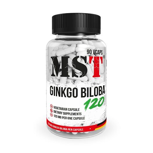 Klare Flasche mit weißen Kapseln. Aufschrift MST Ginkgo Biloba 120. Vegetarische Kapsel. 120 mg pro Kapsel.