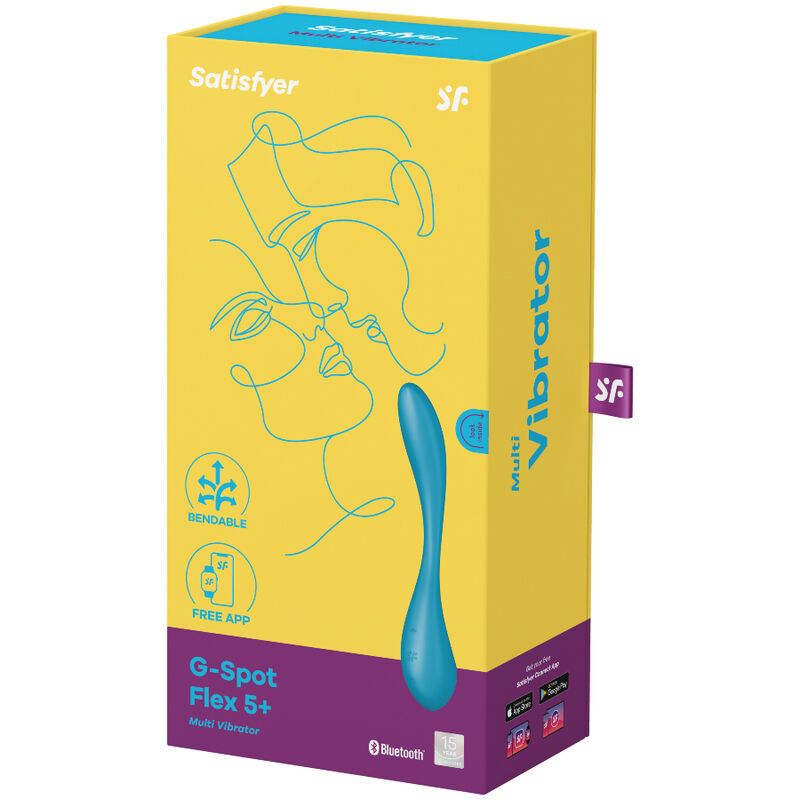 Verpackung von Satisfyer G-Spot Flex 5+. Gelb und lila. Produktabbildung und Schriftzug.