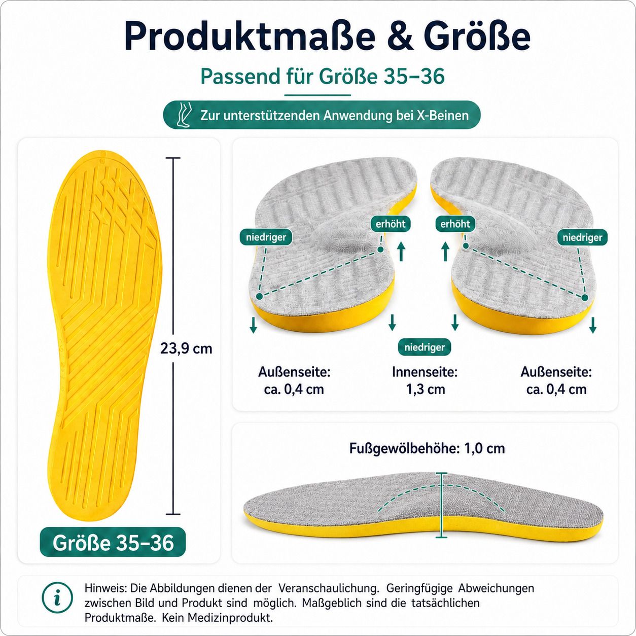 Größentabelle und Maße für Einlegesohlen: 23,9 cm Länge, 1,0 cm Fußgewölbehöhe.