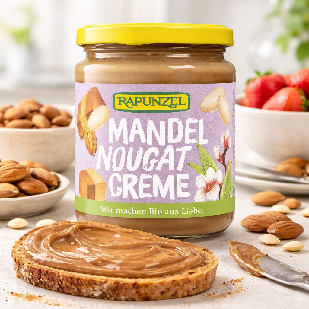 Rapunzel Mandel-Nougat-Creme im Glas, auf Brot gestrichen. Mandeln, Erdbeeren und eine Schale mit Erdbeeren im Hintergrund.