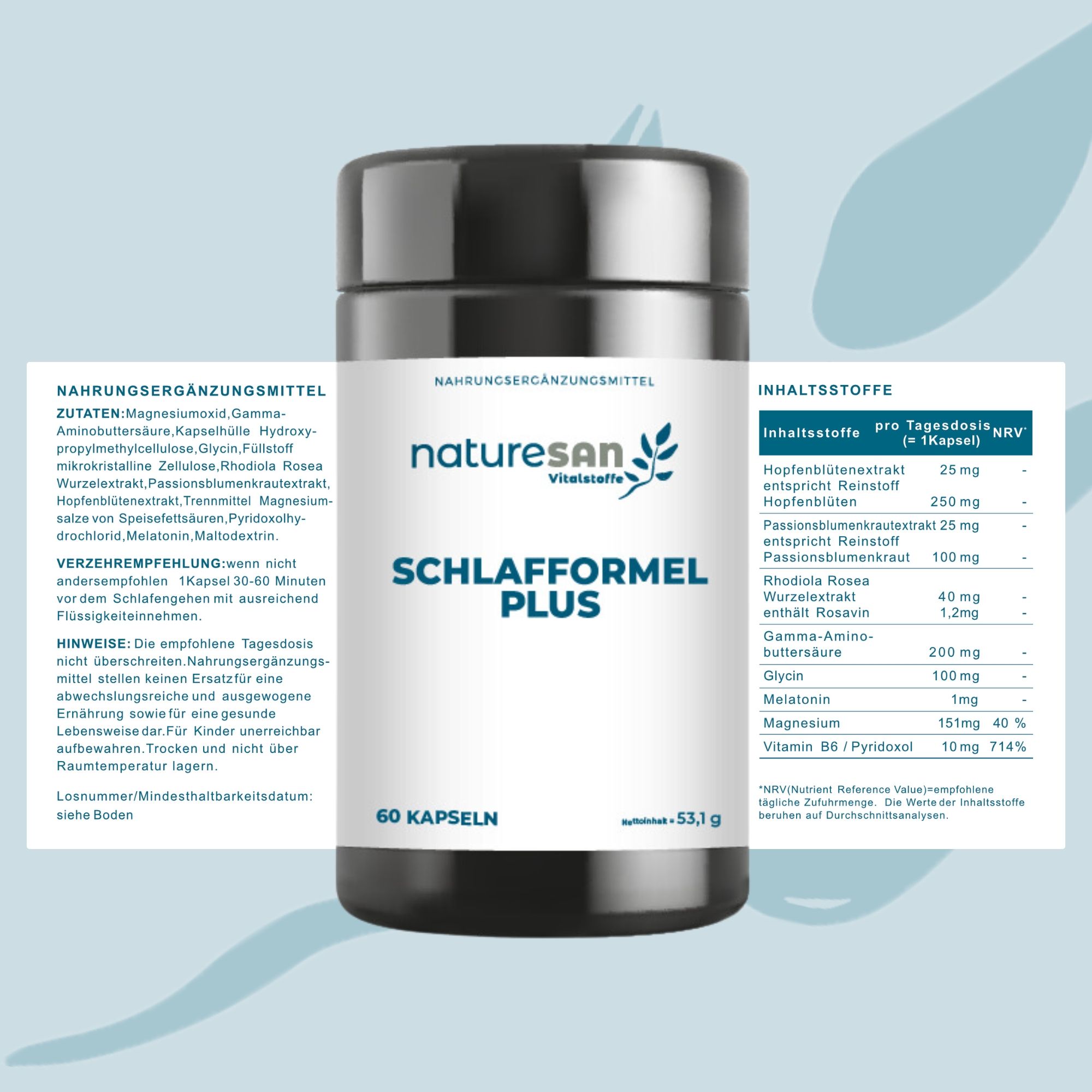 Naturesan Schlafformel Plus, Kapseln. Dose mit Produktnamen und Logo. 60 Kapseln. Inhaltsstoffe und Nährwertangaben.