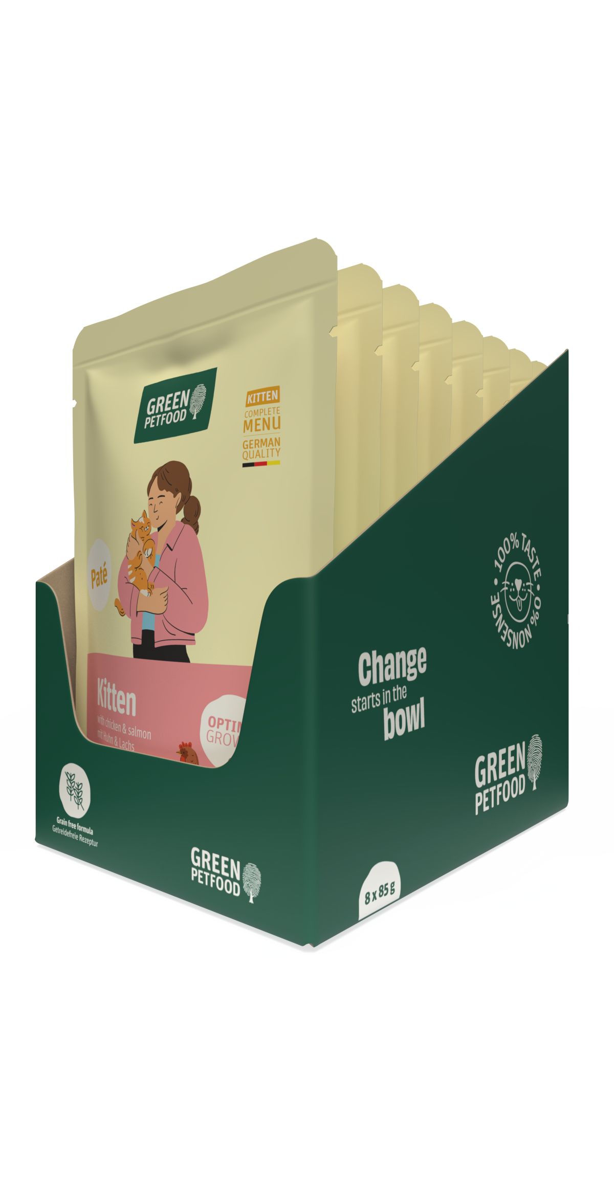 Green Petfood Kitten Paté im Display mit 8x 85g Beuteln. Vorderster Beutel zeigt eine Frau mit Kätzchen.
