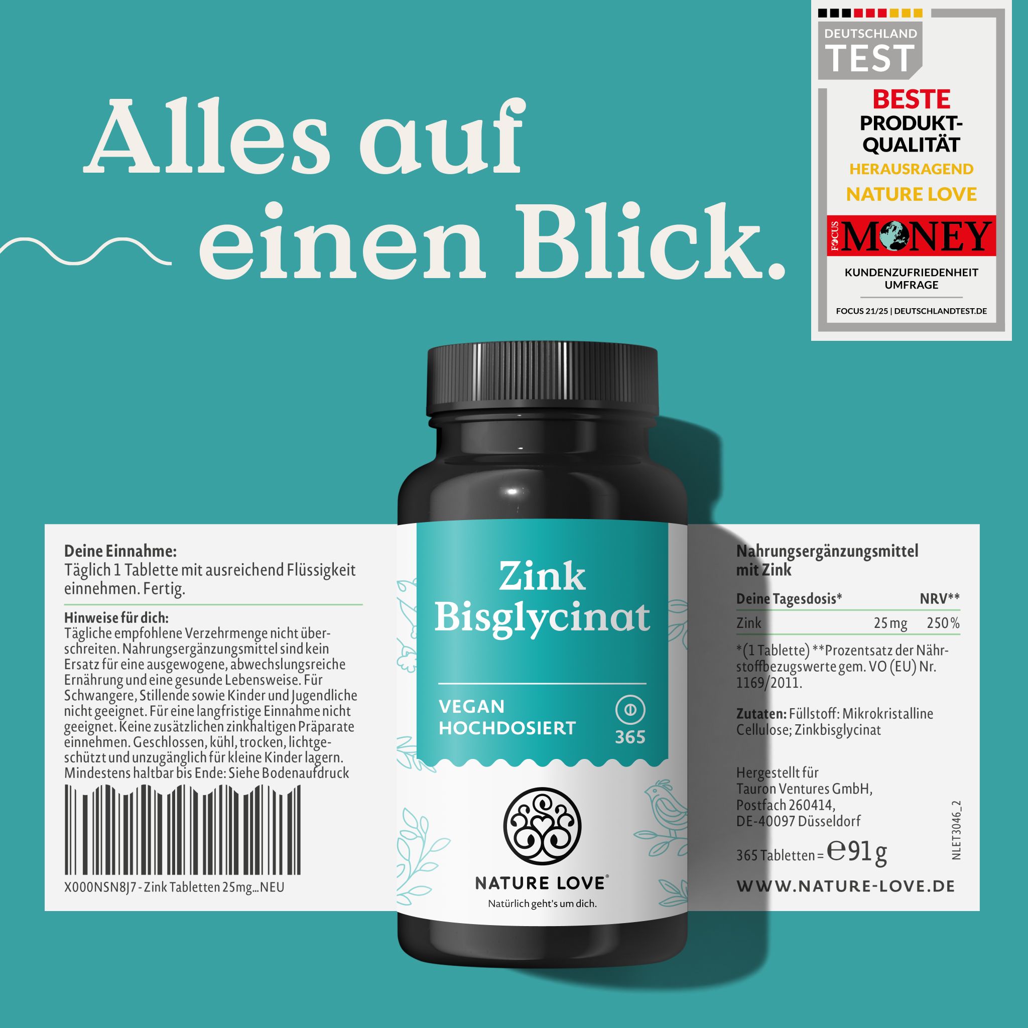 Flasche Zink Bisglycinat, vegan, hochdosiert. Etikett mit Einnahmehinweisen und Produktinfos.