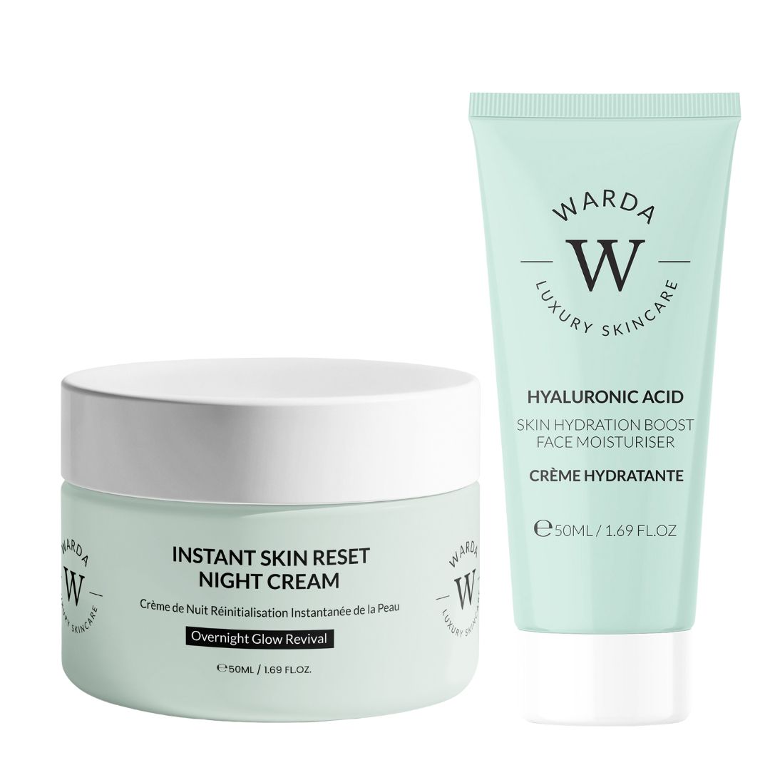 Zwei Produkte: Creme-Tiegel und Tube. Beide hellgrün mit weißer Schrift. Aufschrift: Warda Luxury Skincare, Instant Skin Reset Night Cream, Hyaluron-Feuchtigkeitscreme.