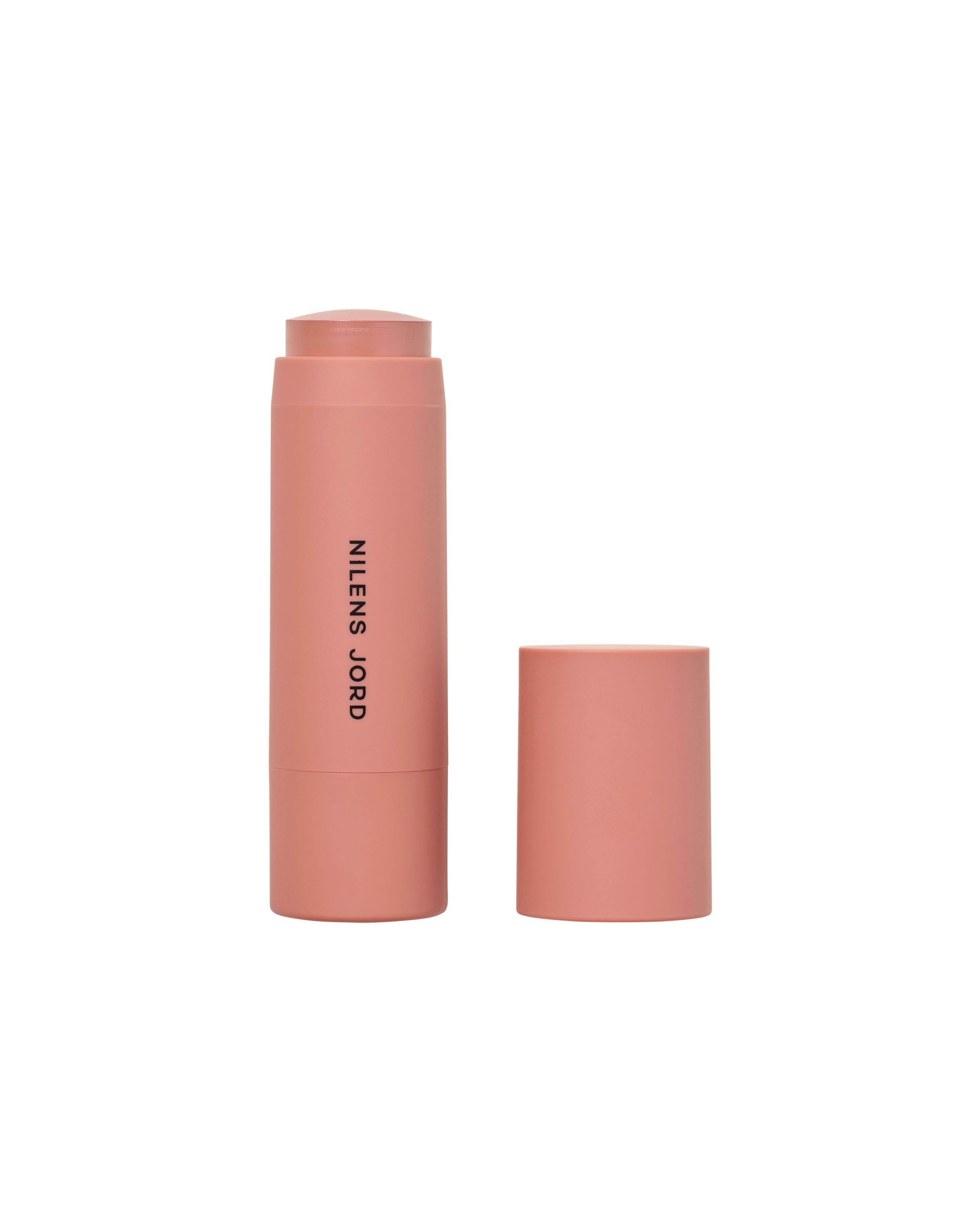 Nilens Jord Cheeks & Lips Stick mit abgenommenem Deckel, rosafarben.