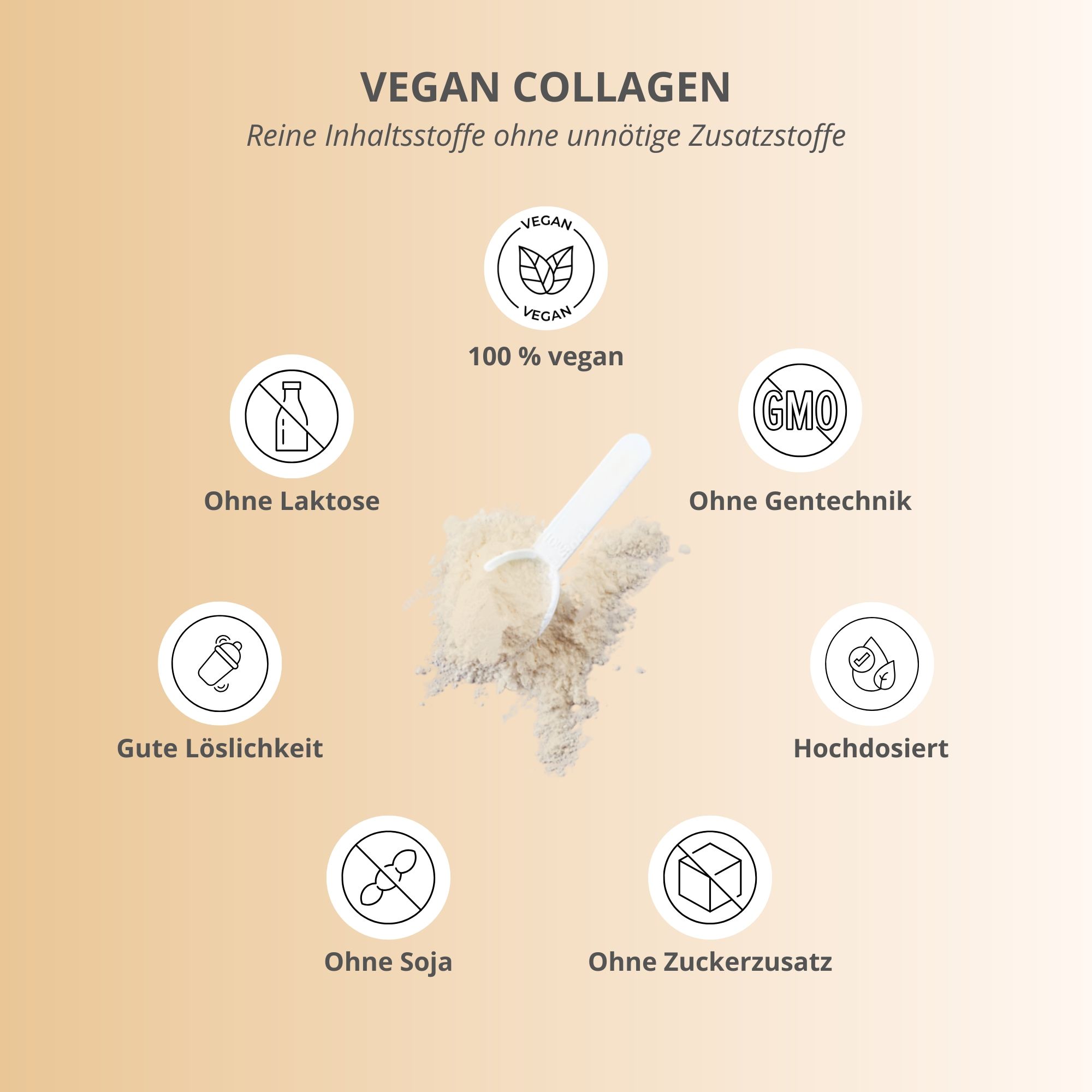 nutri+ Vegan Collagen Pulver mit Hinweisen zu Inhaltsstoffen wie 100% vegan, ohne Laktose, ohne Soja.