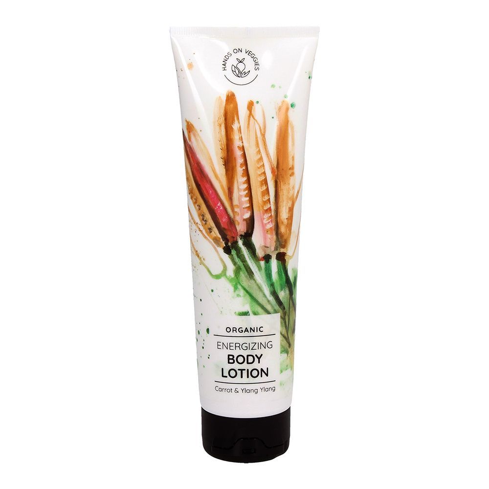 Körperlotion-Tube, weiß, mit schwarzem Deckel. Text: "Organic Energizing Body Lotion".